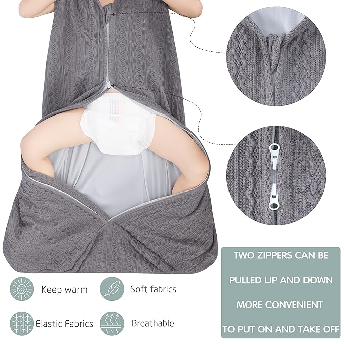 Baby Sleep Sack 12-18 Months, Baby Wearable Blanket 100% Acrylic knit 2-Way Zipper Toddler Sleeping Sack TOG 0.5 (Grey)