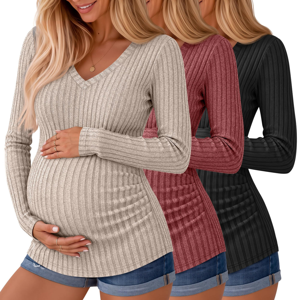 Ficerd 3 Pack Women Maternity Ribbed Long Sleeve Sweater Shirts 3Color M