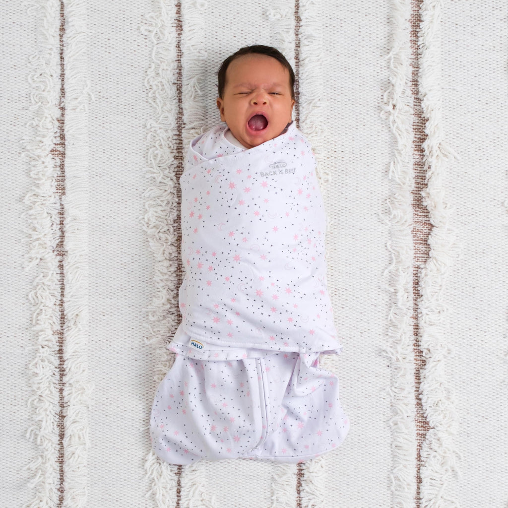 HALO 100% Cotton Sleepsack Swaddle, 3-Way Adjustable Wearable Blanket, TOG 1.5, Midnight Moons Pink, Newborn, 0-3 Months