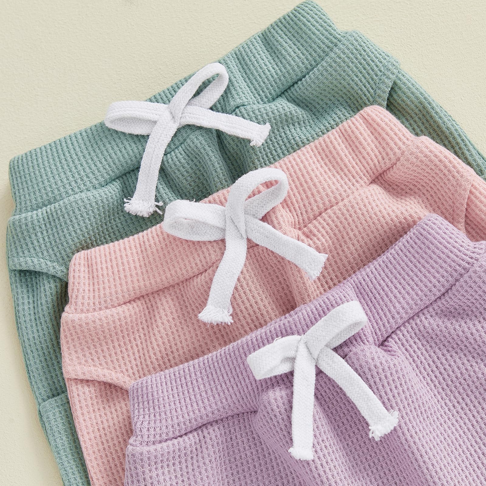 Sejardin Toddler Baby Boy Girl Pants 3 Pack Solid Color Elastic Waist Jogger Sweatpants Newborn Infant Casual Bottoms (Waffle Green Pink Purple, 0-6 Months)