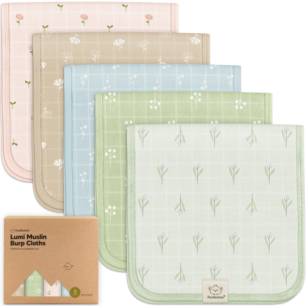 KeaBabies Cotton Muslin Burp Cloths Baby Boy, Girl, 5-Pack 20x10 (Wild Bloom)