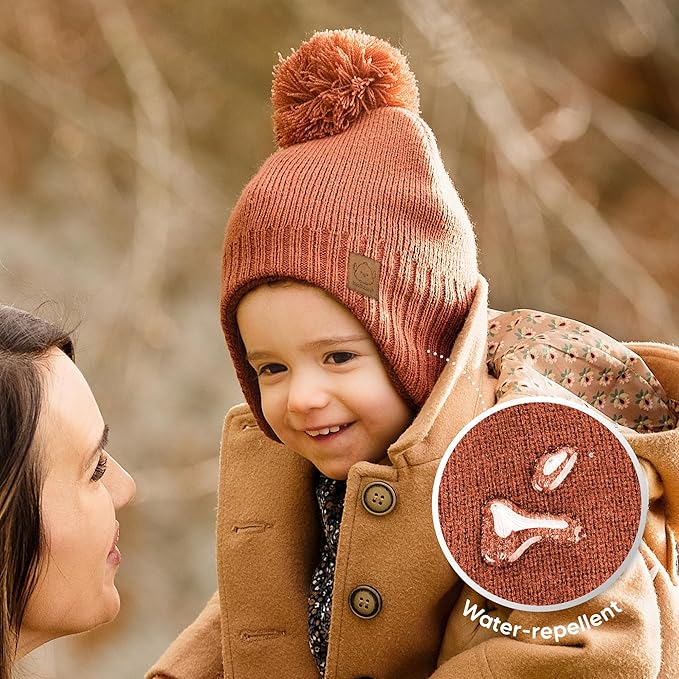 Baby Beanies, Baby Hats for Boys, Girls - Cute Toddler Winter Hat, Soft & Stretchy Beanies for Infant, Newborn 6-36 Months, Cozy & Warm with Earflap Muff & Pom (Latte)