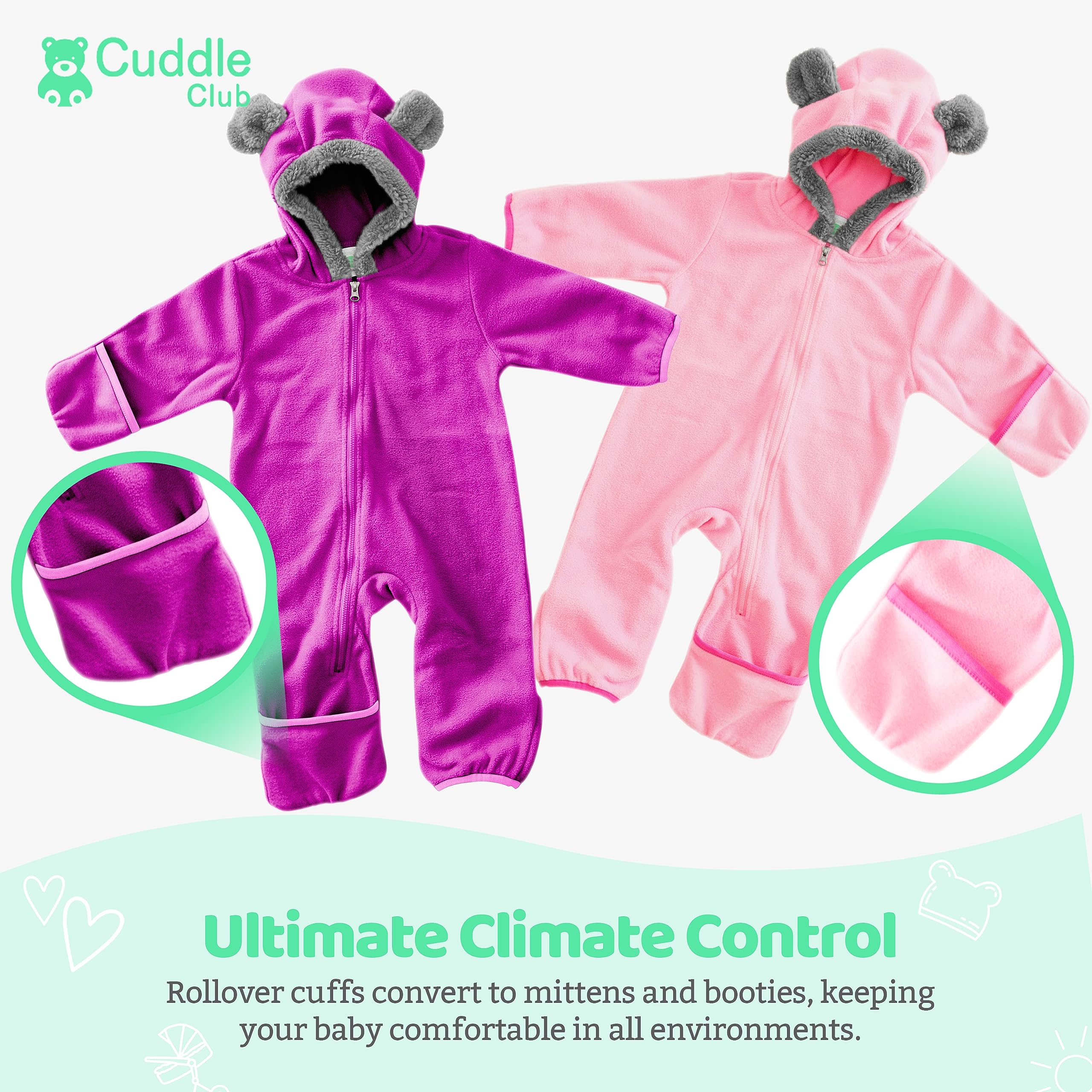 Cuddle Club Fleece Baby Bunting Bodysuit 2 Pack Bundle - Purple & Pink Bear Bunting Baby Fleece Jumpsuit - Teddy Bear Buntings - Newborn Snowsuits 18-24 months - Infant Girls Buntings Suits