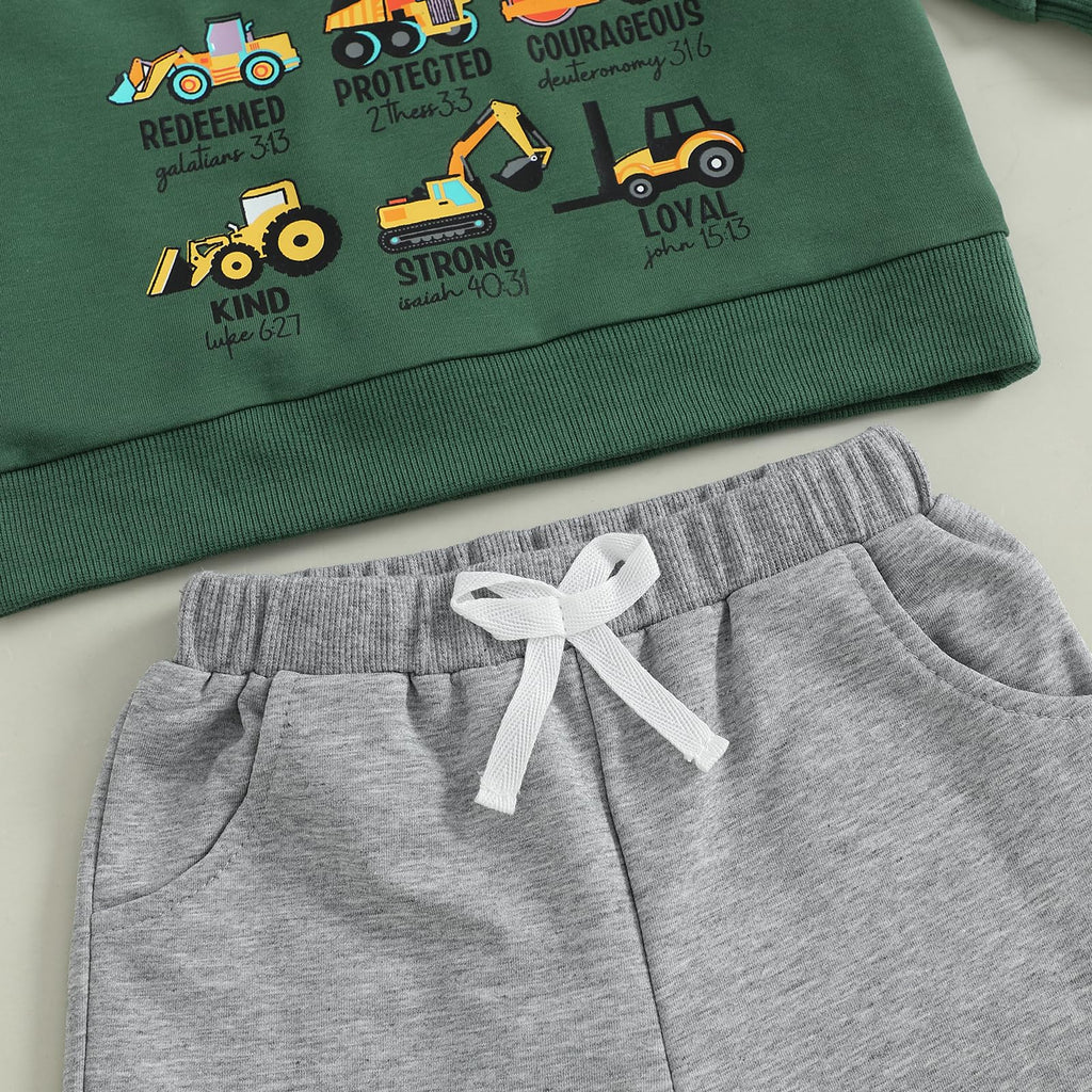 Nyapruwe Toddler Baby Boys Fall Winter Outfits Funny Print Top Pants Set (Dark green tool cars, 12-18 Months)