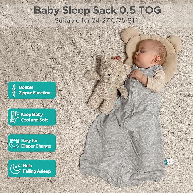 Rayon Made from Bamboo Sleep Sack, 0.5 TOG Wearable Blanket Baby, Sleep Sack 12-18 Months for Spring and Summer, Grey