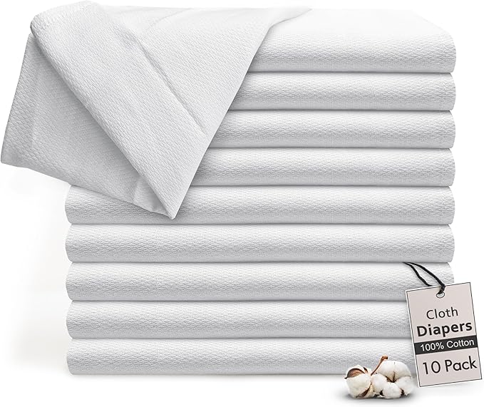 RUVANTI Unisex Birdseye Flat-Fold Cloth Diapers for Babies 10 Pack, 100% Cotton Reusable Diaper Inserts 23x23 Inches, White