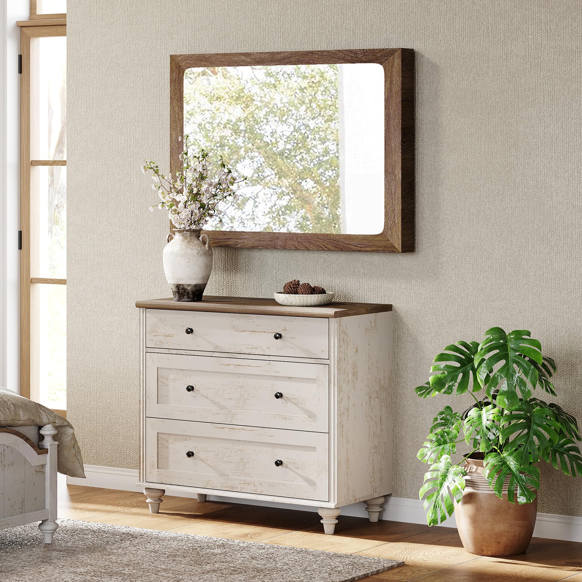 WAMPAT Baby Dresser for Bedroom with 3 Drawers, Kids Dressers with Wide Chest of Drawers, Farmhouse Wooden Closet Storage Organizer, Small Dressers for Living Room, Nursery, Hallway, Rustic White