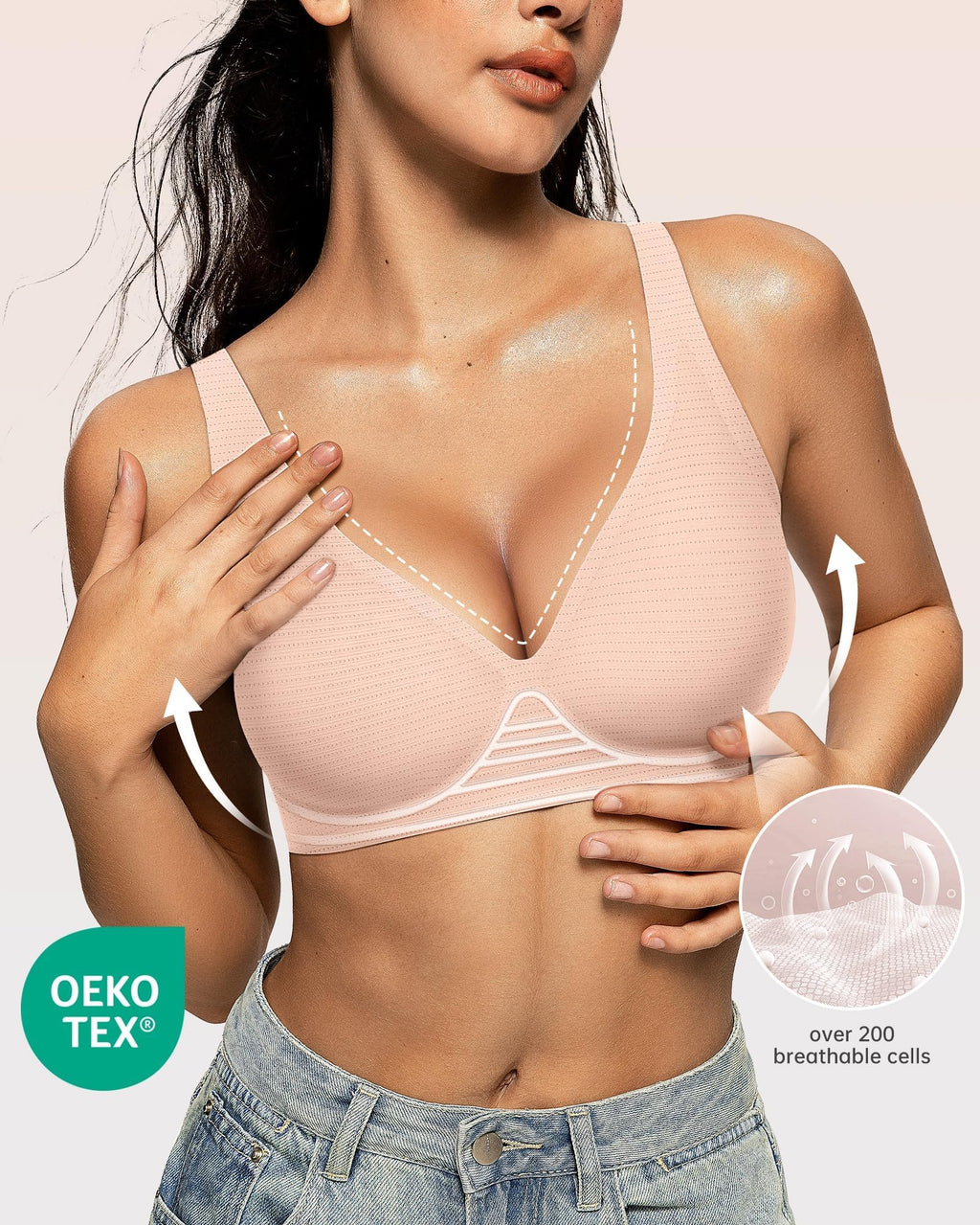 OEAK Womens Deep V Bras Wireless Comfortable Bra Supportive No Underwire Bras Tshirt Push Up Bralettes Plunge Seamless Bra Cool Nude S