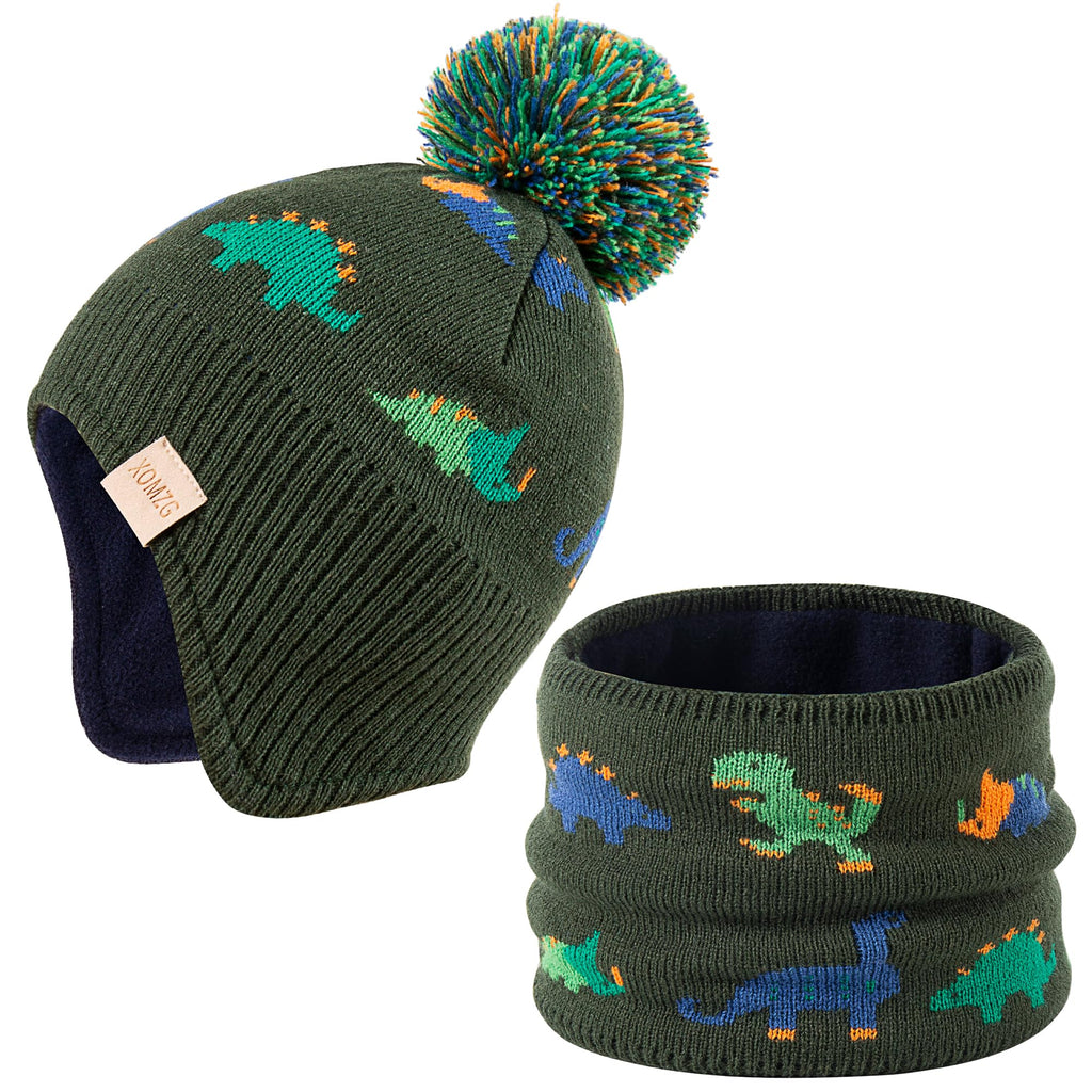 Beanie Knit Hats for Toddlers with Earflap Fleece Lined Hat Kids Warm Winter Hat Scarf Set Children's Thick Ski Cap