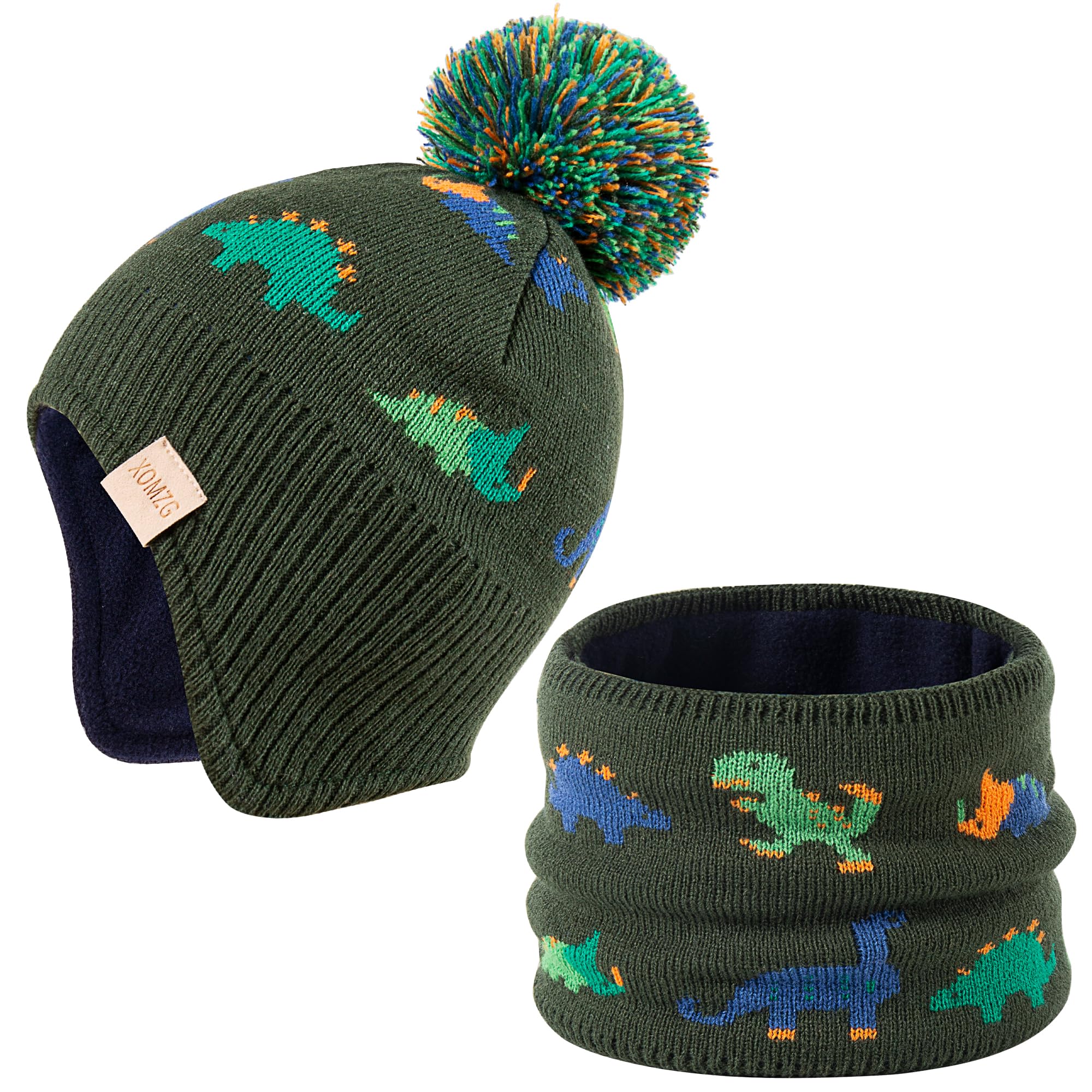 Beanie Knit Hats for Toddlers with Earflap Fleece Lined Hat Kids Warm Winter Hat Scarf Set Children's Thick Ski Cap
