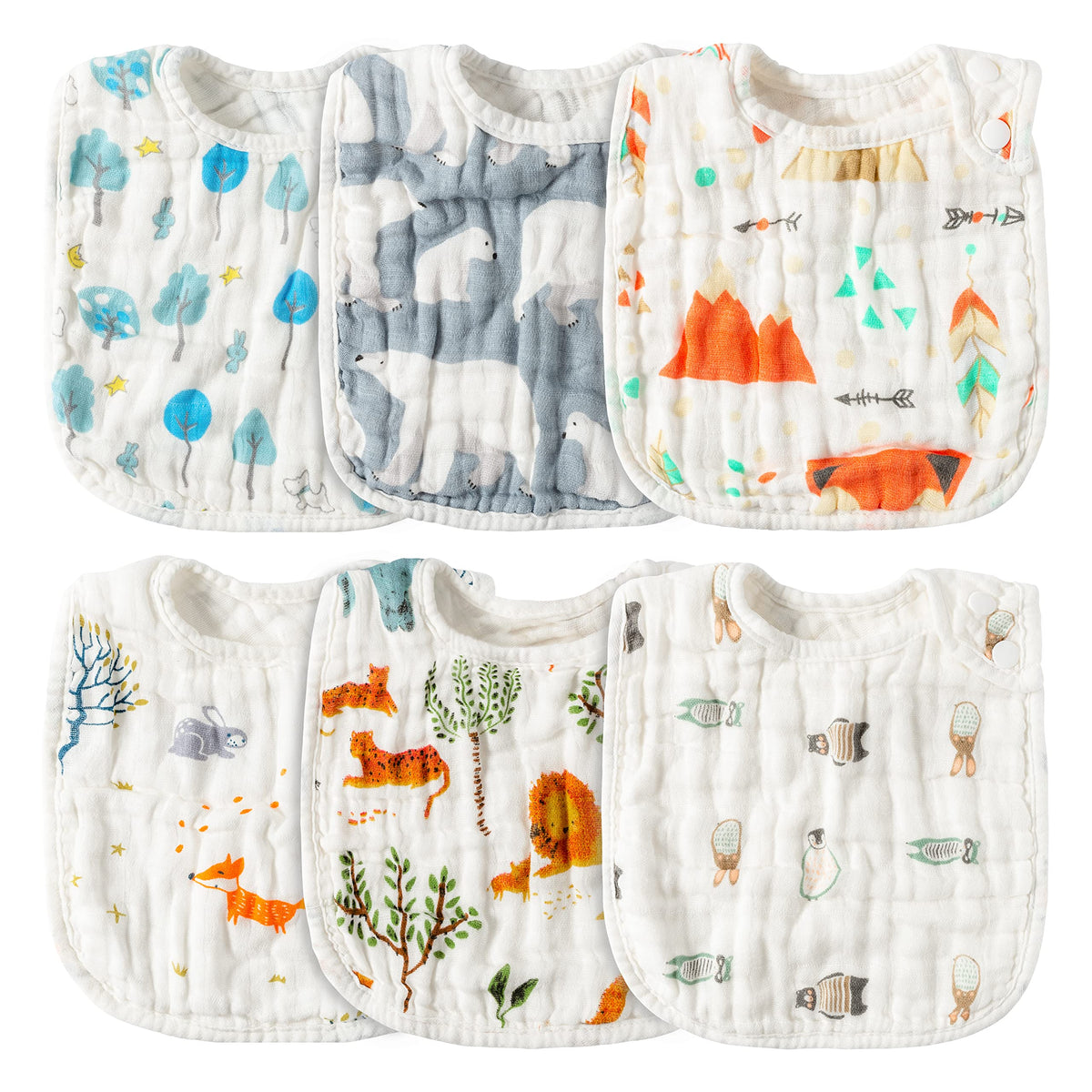 Zainpe 6Pcs Snap Muslin Cotton Bibs for Baby, Flamingo Star Flower Machine Washable Adjustable Burp Cloths with 6 Absorbent Soft Layers for Infant Newborn Toddler Drooling Feeding and Teething