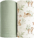 Konssy Muslin Swaddle Blankets for Girls Boys 2 Pack, 100% Cotton Receiving Baby Blanket Large 47 x 47 inches, Soft Breathable Swaddling Wrap for Unisex Newborn (Woodland,Sage)
