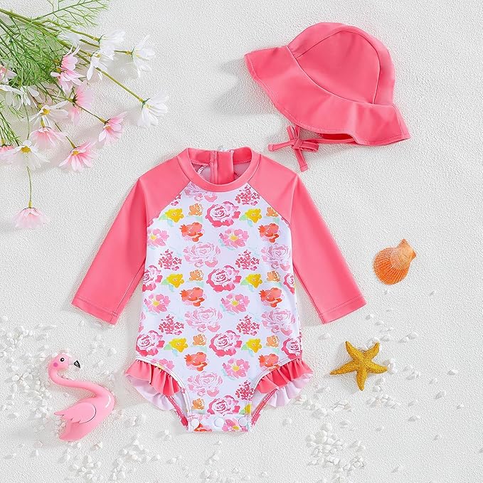 WOLBAY Baby Girl Swimsuit Long Sleeve One Piece Rash Guard with Sun Hat Zipper Bathing Suit Size 0-2T