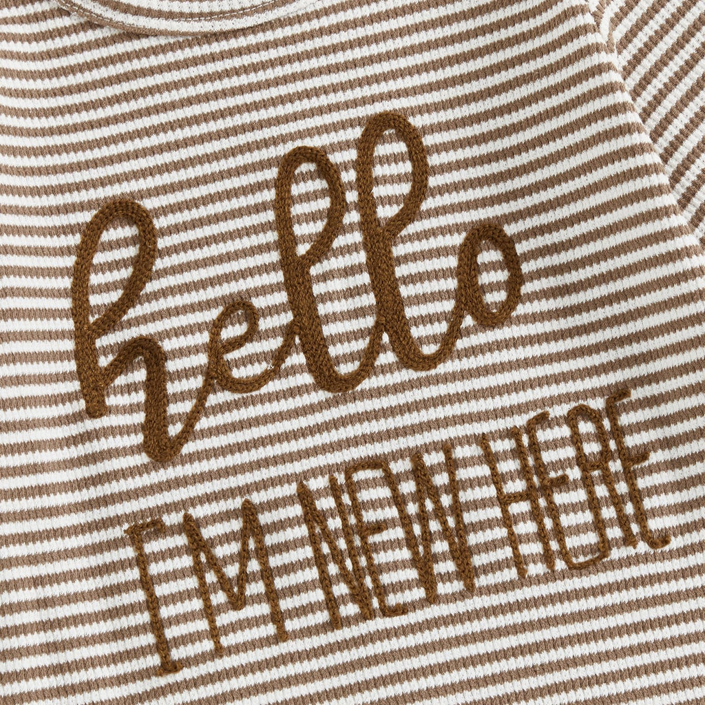 Fernvia Newborn Baby Boy Clothes Letters Print Bodysuit 3 6 9 12 18 Months Long Sleeve Jumpsuit with Hat 2PCS Outfits Set (D Khaki, Newborn)