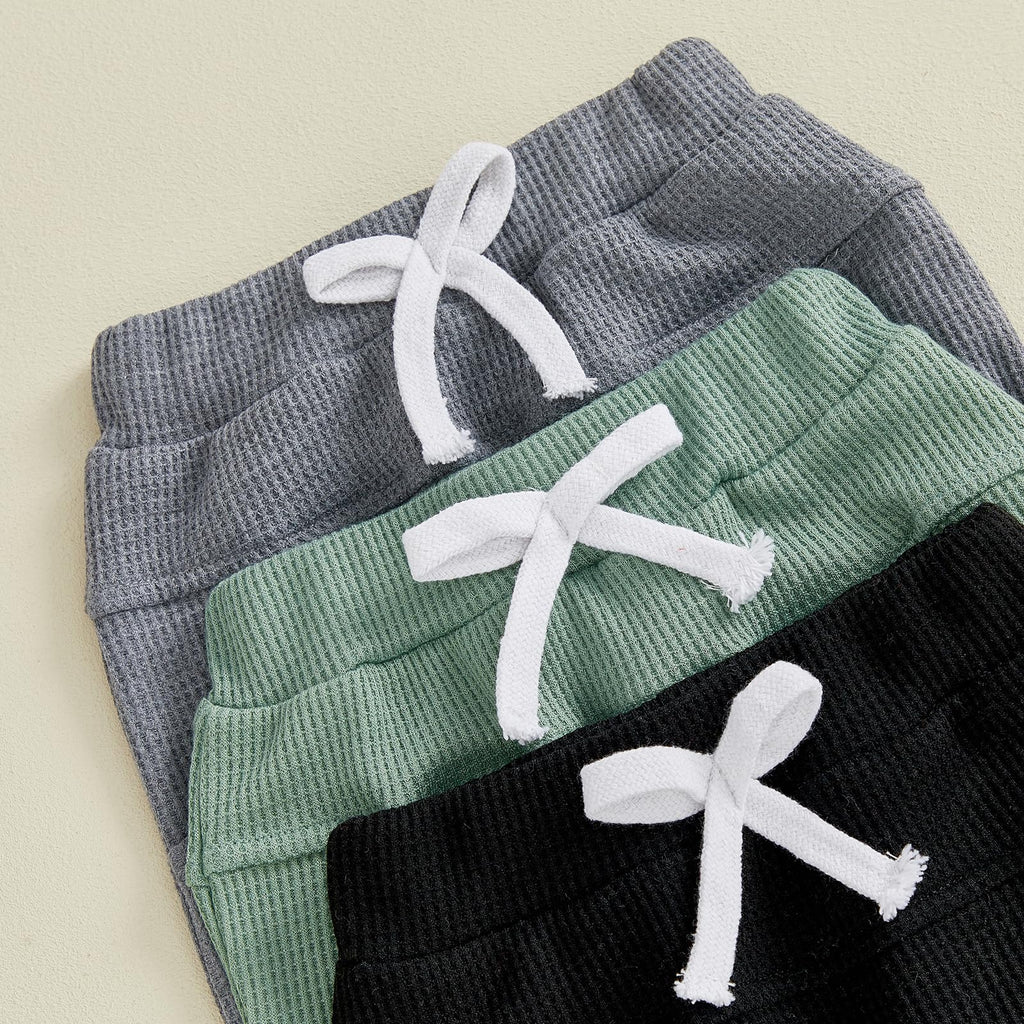 Sejardin Toddler Baby Boy Girl Pants 3 Pack Solid Color Elastic Waist Jogger Sweatpants Newborn Infant Casual Bottoms (Waffle Grey Green Black, 12-18 Months)