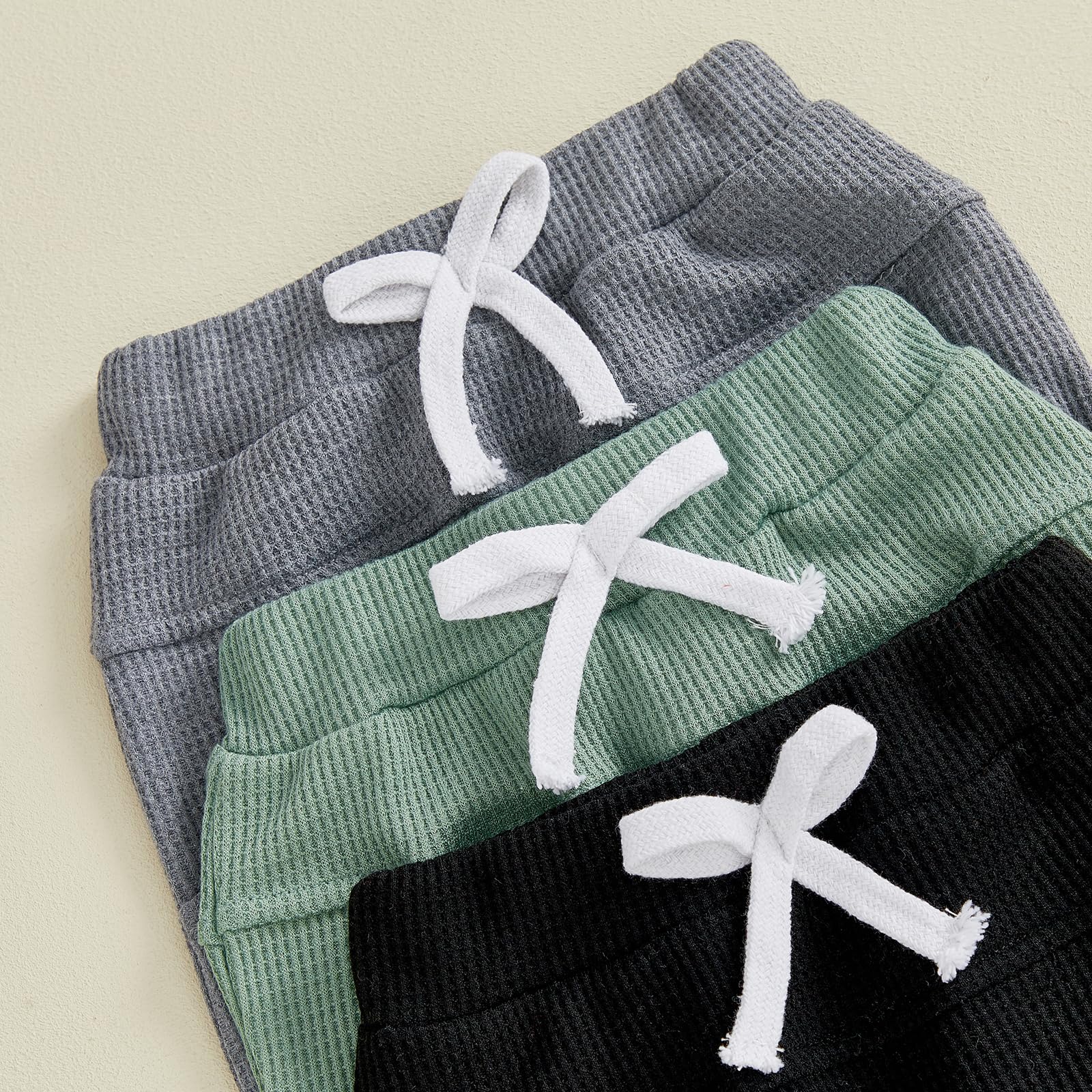 Sejardin Toddler Baby Boy Girl Pants 3 Pack Solid Color Elastic Waist Jogger Sweatpants Newborn Infant Casual Bottoms (Waffle Grey Green Black, 12-18 Months)