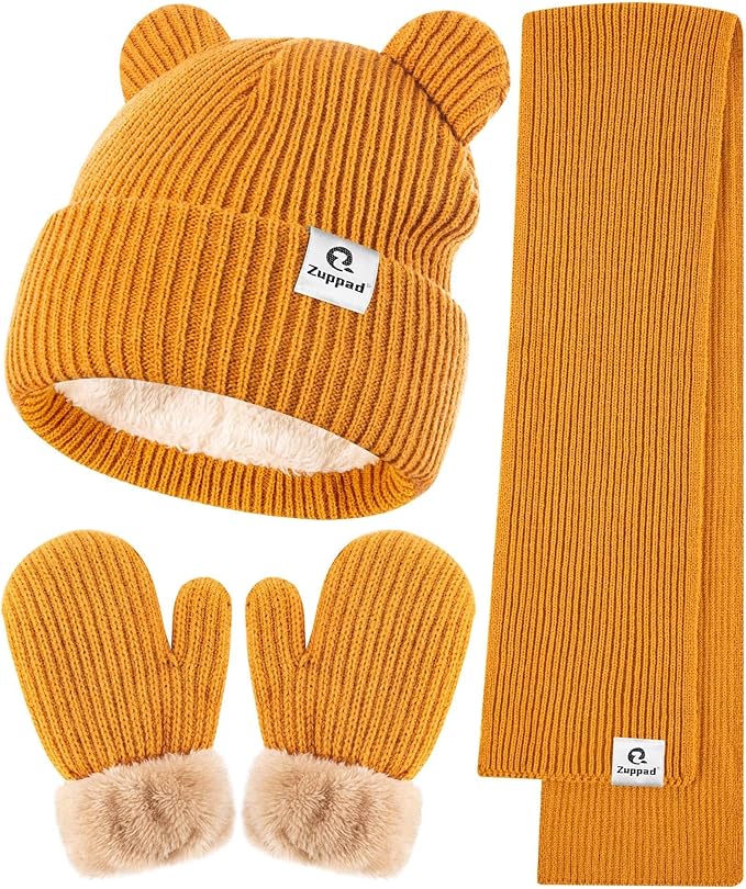 Baby Beanie Mittens Scarf Set,Toddler Infant Kids Winter Hat with Bear Ear Thermal Gloves Neck Warmer Set for Girls Boys