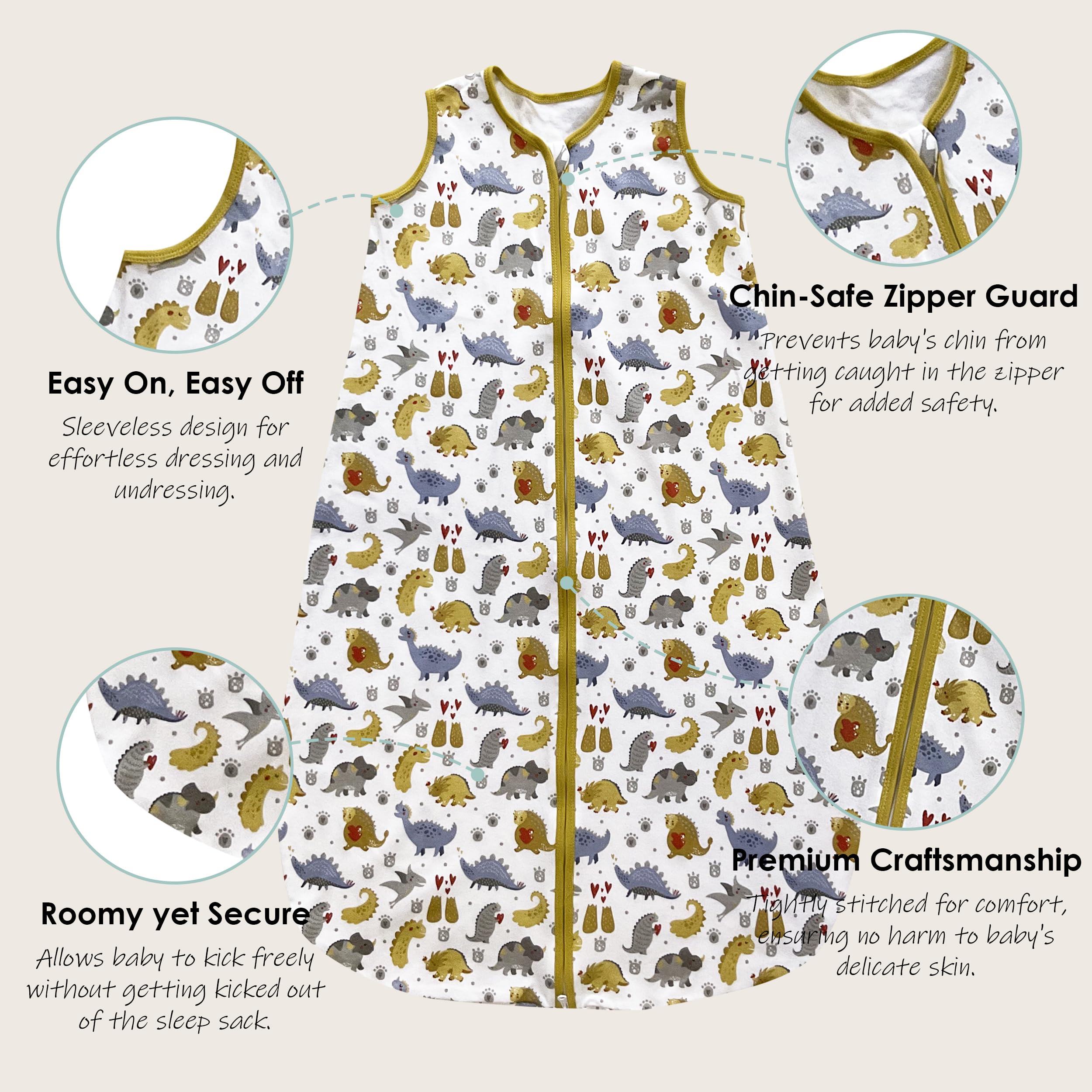 Cute Castle Baby Sleep Sack 18-24 Months - Lightweight 100% Cotton 2-Way Zipper TOG 0.5 Infant Wearable Blanket, Newborn Essentials Toddler Sleep Clothes, 3 Pack(Honey, Dinosaurs, Letters)