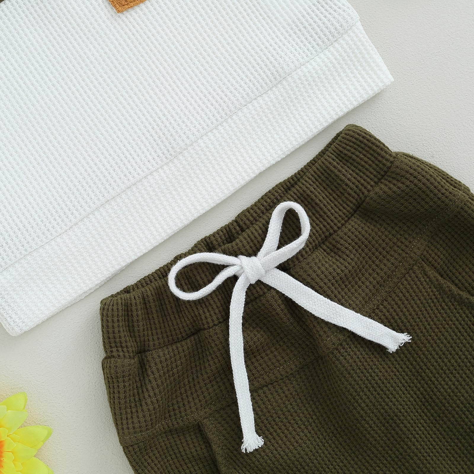 Fufuriprefer Toddler Baby Boy Fall Clothes Waffle outfit Long Sleeve Top Jogger Pant Set (Army Green White, 6-12 Months)