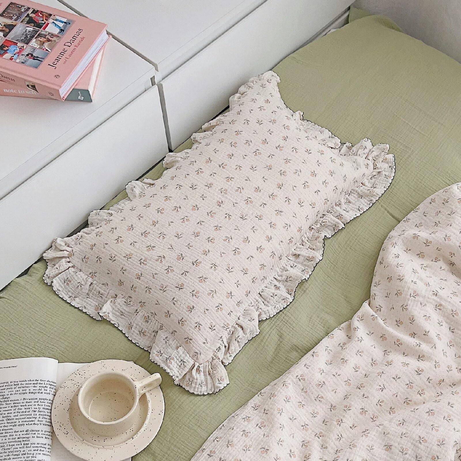 BuLuTu Cotton Muslin Kids Toddler Pillowcase Sprout Pattern, Shabby Chic Nursery Pillow Cover with Ruffle Edge, Soft Durable Travel Pillow Case for Boys Girls Bedding Decor, 14"x20",Machine Wash