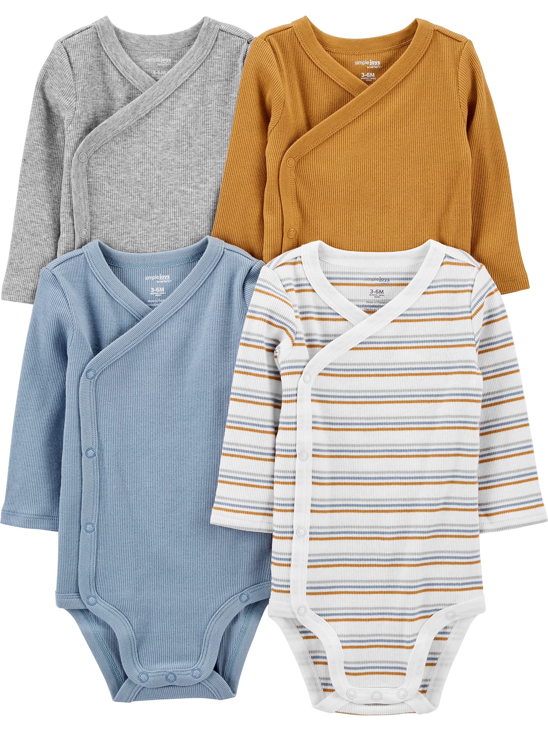 Simple Joys By Carter's Unisex Baby 4-pack Side Snap Bodysuit Bodystocking, Dusty Blue/Gold/Grey Heather/White Stripe, 24 Months US