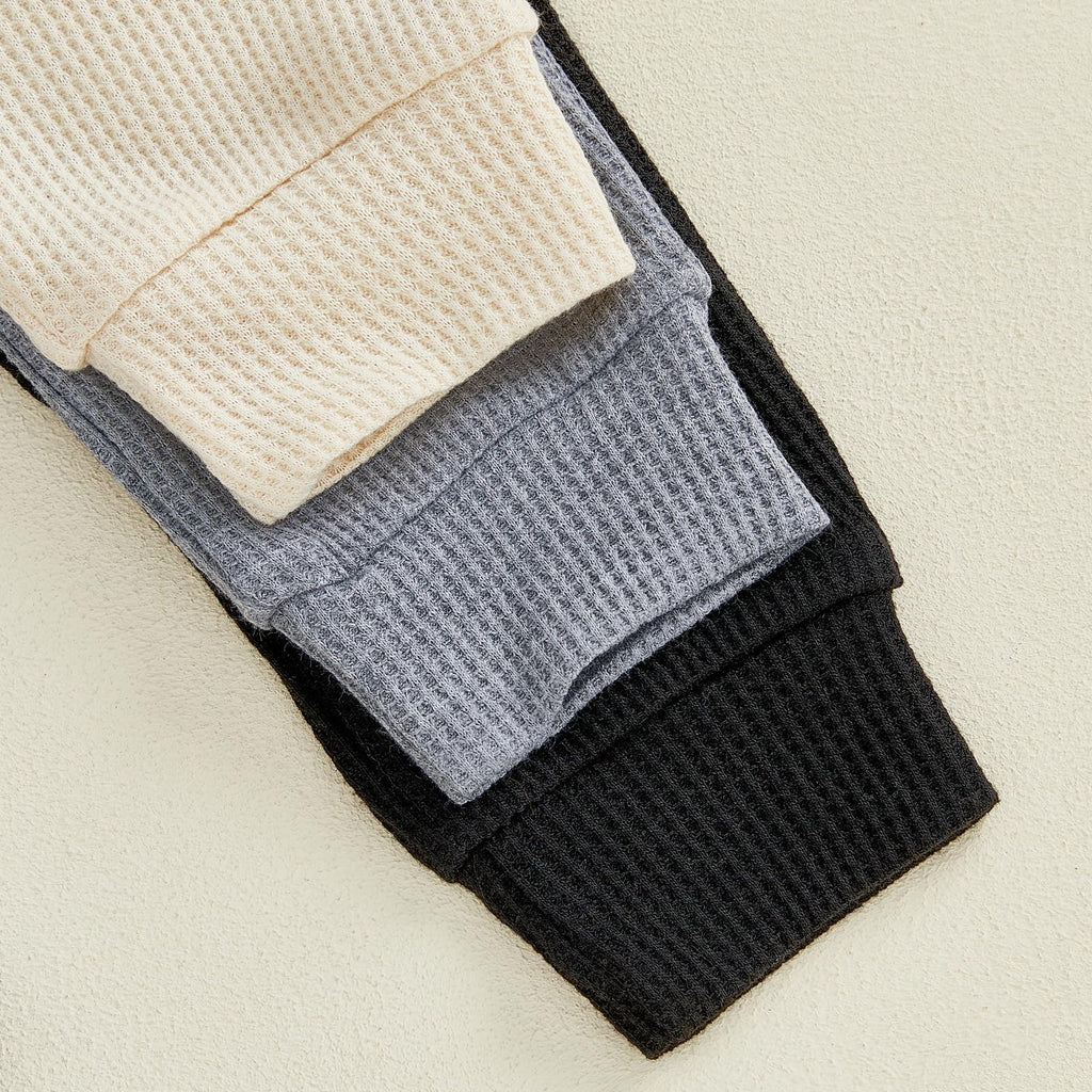 Sejardin Toddler Baby Boy Girl Pants 3 Pack Solid Color Elastic Waist Jogger Sweatpants Newborn Infant Casual Bottoms (Waffle Black Gray Apricot, 6-12 Months)