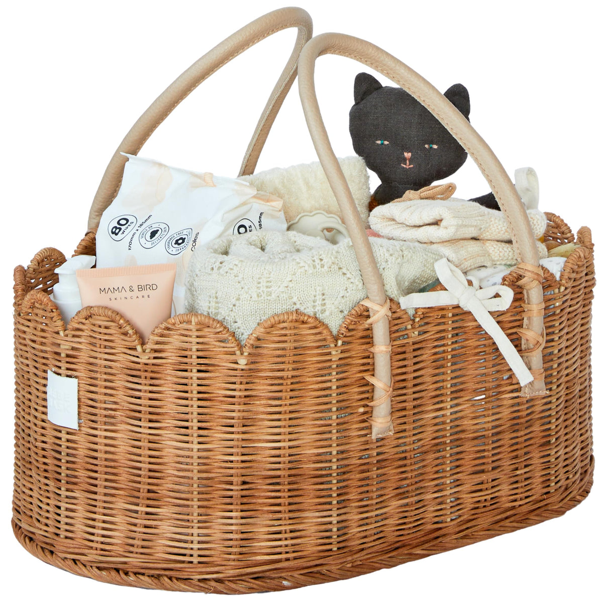 BEBE BASK Premium Baby Diaper Caddy Organizer - Scalloped Rattan Basket