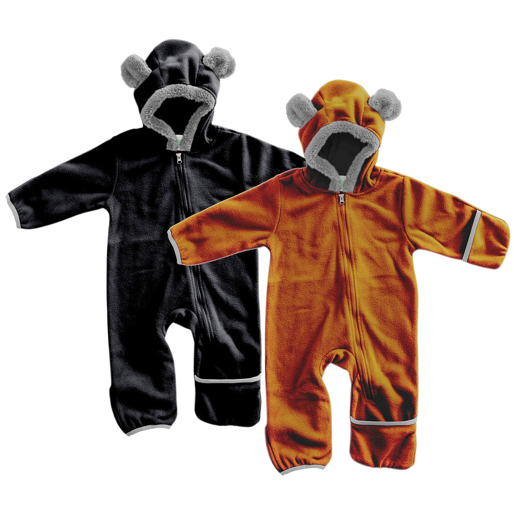 Fleece Baby Bunting Bodysuit – Infant One Piece Kids Hooded Romper Outerwear Toddler Jacket, Bear - Black & Brown (2 Pack), 0-3 Months