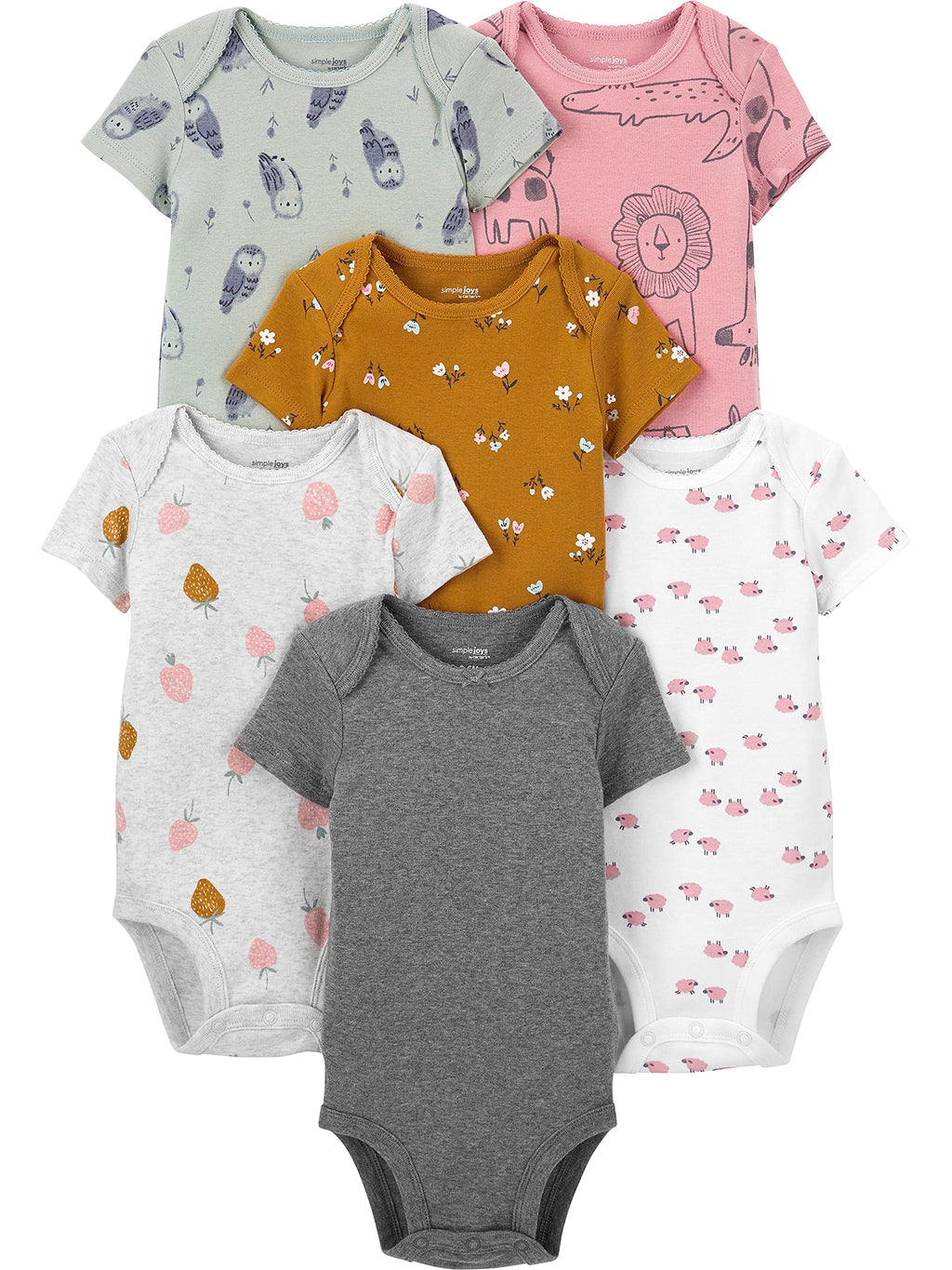 Simple Joys by Carter's Baby Girls' Short-Sleeve Bodysuit, Pack of 6, Multicolor/Floral/Forest Animals/Owl/Sheep, Newborn