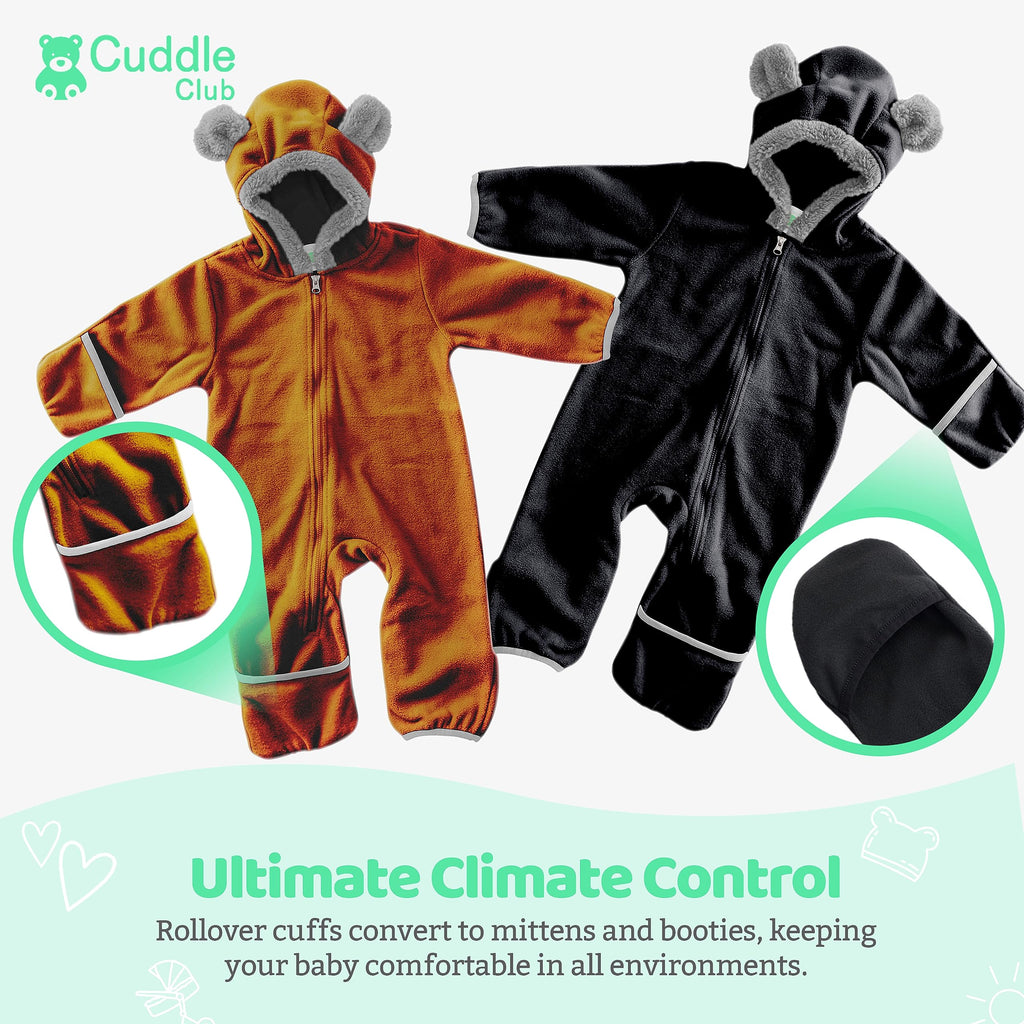 Fleece Baby Bunting Bodysuit – Infant One Piece Kids Hooded Romper Outerwear Toddler Jacket, Bear - Black & Brown (2 Pack), 18-24 Months