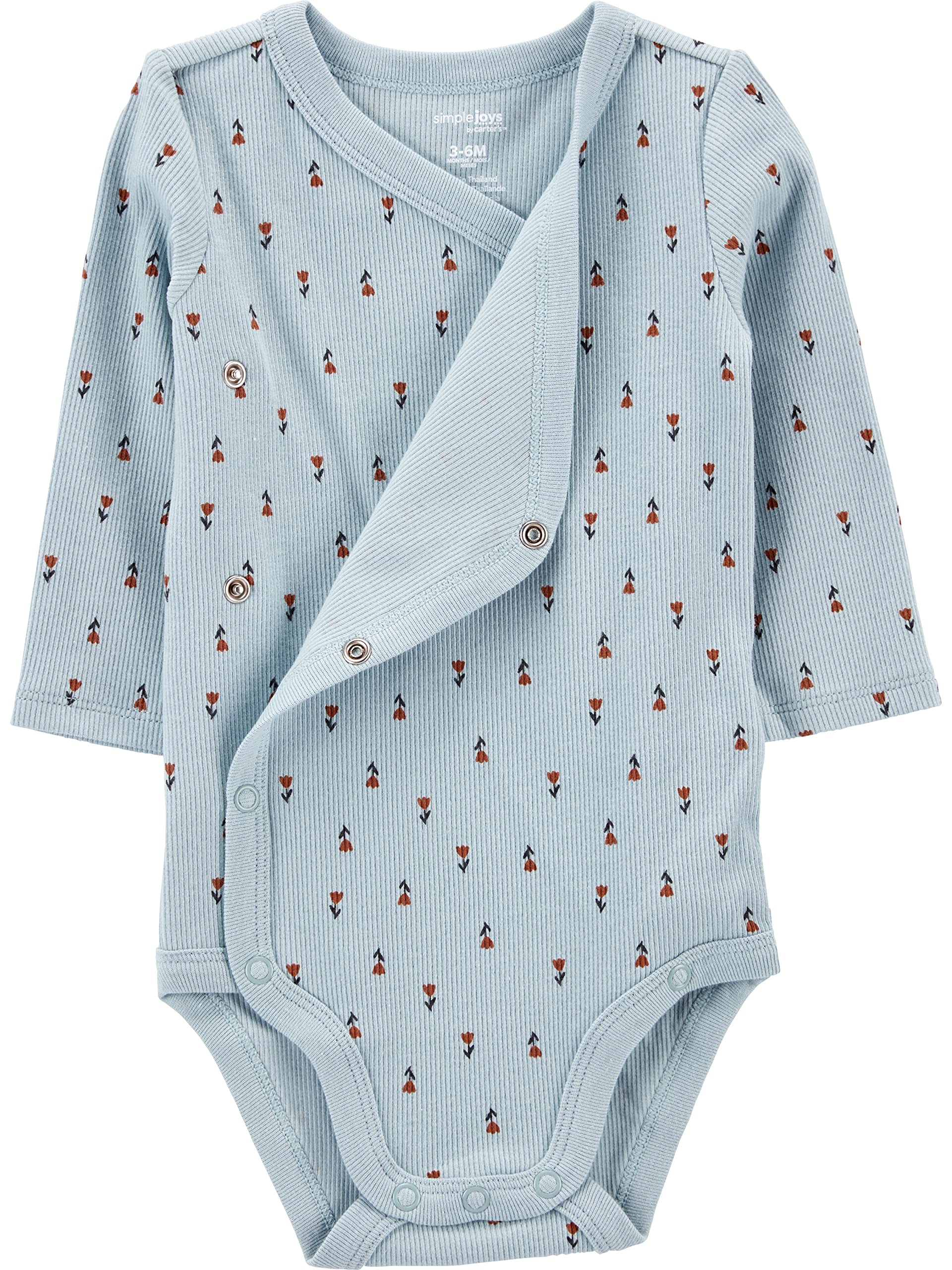 Simple Joys By Carter's Unisex Baby 4-pack Side Snap Bodysuit Bodystocking, Blue Floral/Brown Animal Print/Light Grey/White Dots, 18 Months US
