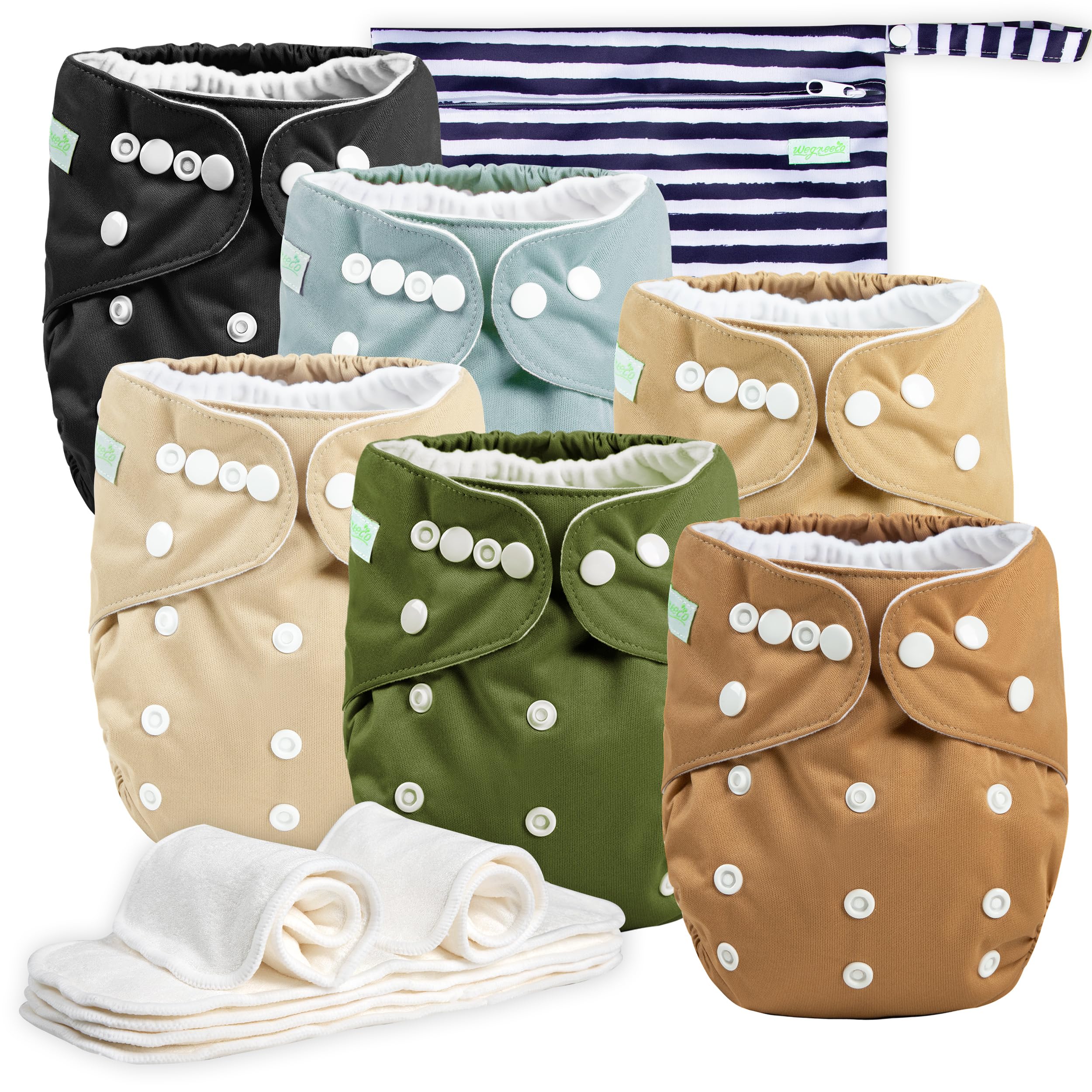 wegreeco Cloth Diapers 6 Pack with 6 Inserts & 1 Wet Bag, Washable Cloth Diapers for Babies, One Size Adjustable Reusable (Warm Colour)