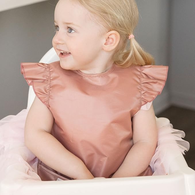 Tiny Twinkle Short Sleeve Apron Baby & Toddler Bib for Girls – Waterproof, Mess-Proof Bibs for Eating & Feeding, Machine Washable,Perfect Holiday Gift (Taupe, 6–24M)