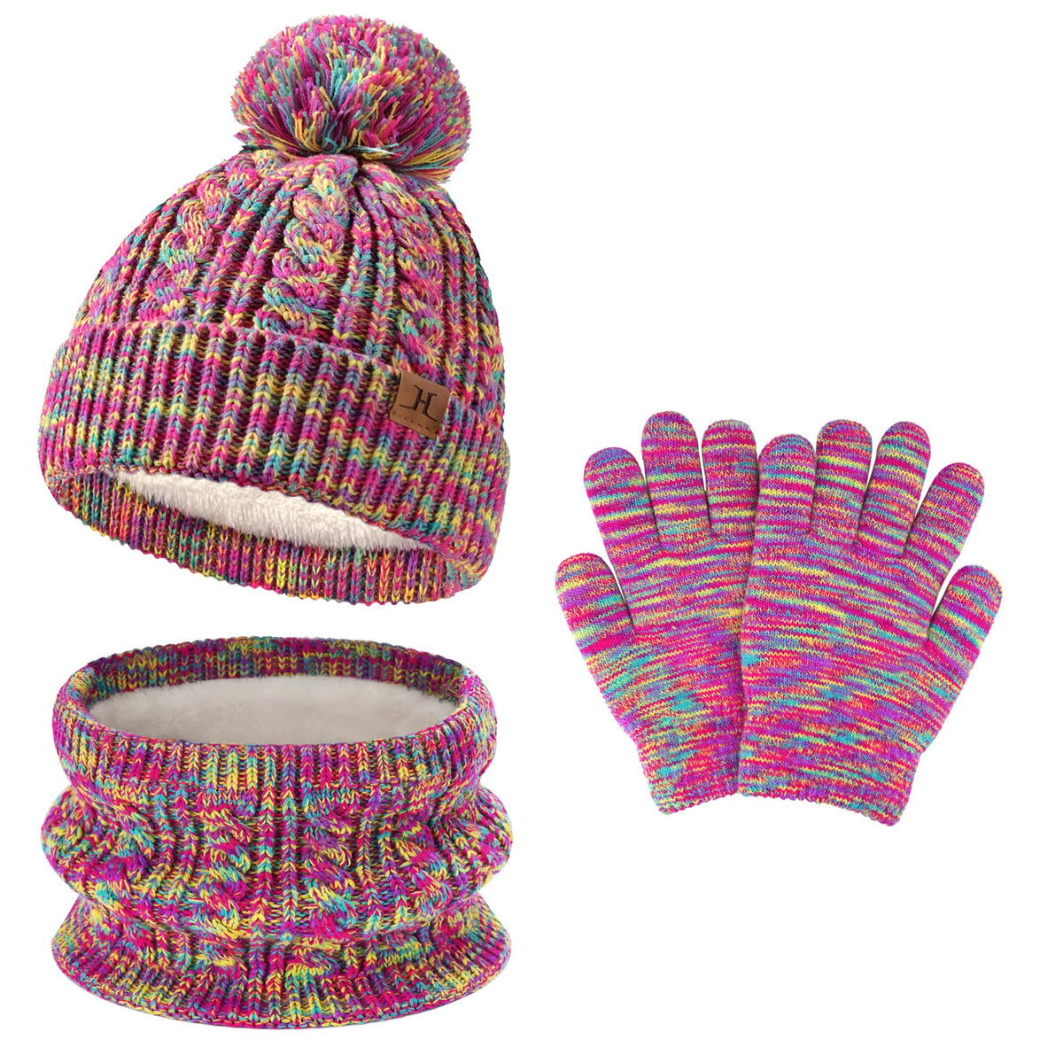Kids Toddler Winter Hats Touchscreen Scarfs Gloves Set Pompom Beanie Caps Neck Warmer with Fleece for 5-8 Years Old Baby Girls Boys Gifts