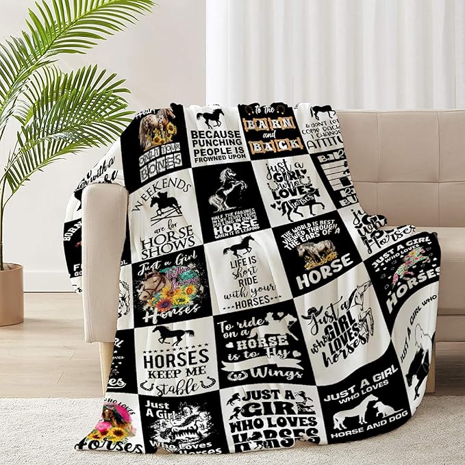 Horse Throw Blanket for Women Men Black White Blanket Gifts for Adults Animals Lightweight Blanket 60X80 Inches for Bed All Season