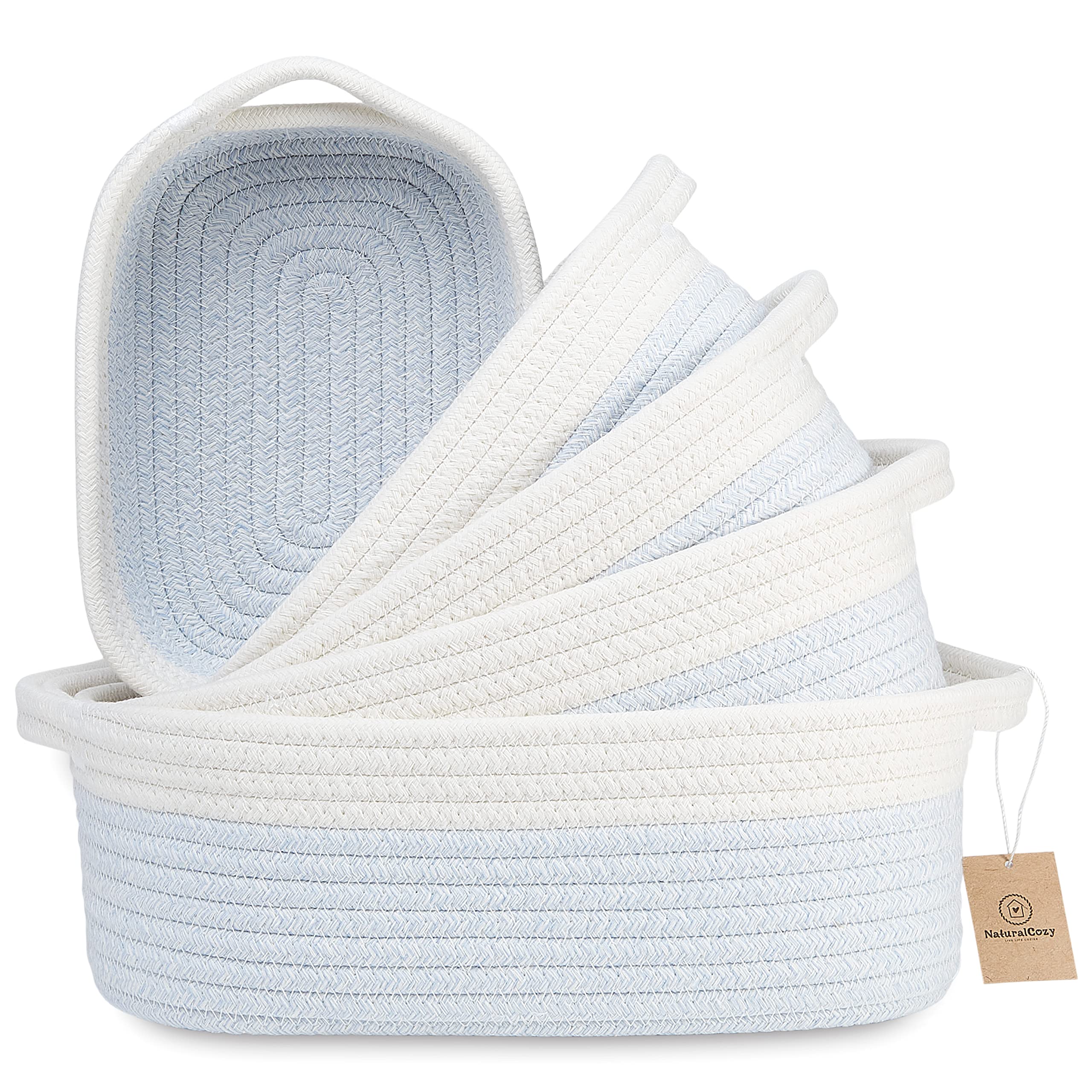 NaturalCozy 5-Piece Rectangle Storage Basket Set- Natural Cotton Rope Woven Baskets for Organizing! Small Basket for Montessori, Baby Nursery, Dog Toy Baskets, Cat Toy Box, Bathroom Organization Bin