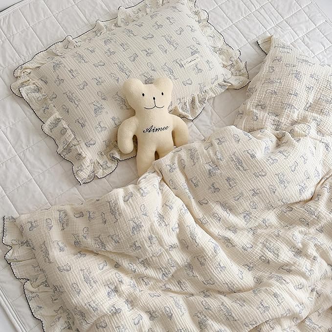 AOJIM Cotton Muslin Kids Pillowcase with Cute Cat Patterns, Super Soft Crib Nursery Pillowcase 1PC for Boys Girls, Ruffled Edges Toddler Bedding for Room Decor, Machine Washable, 26x20 Inches