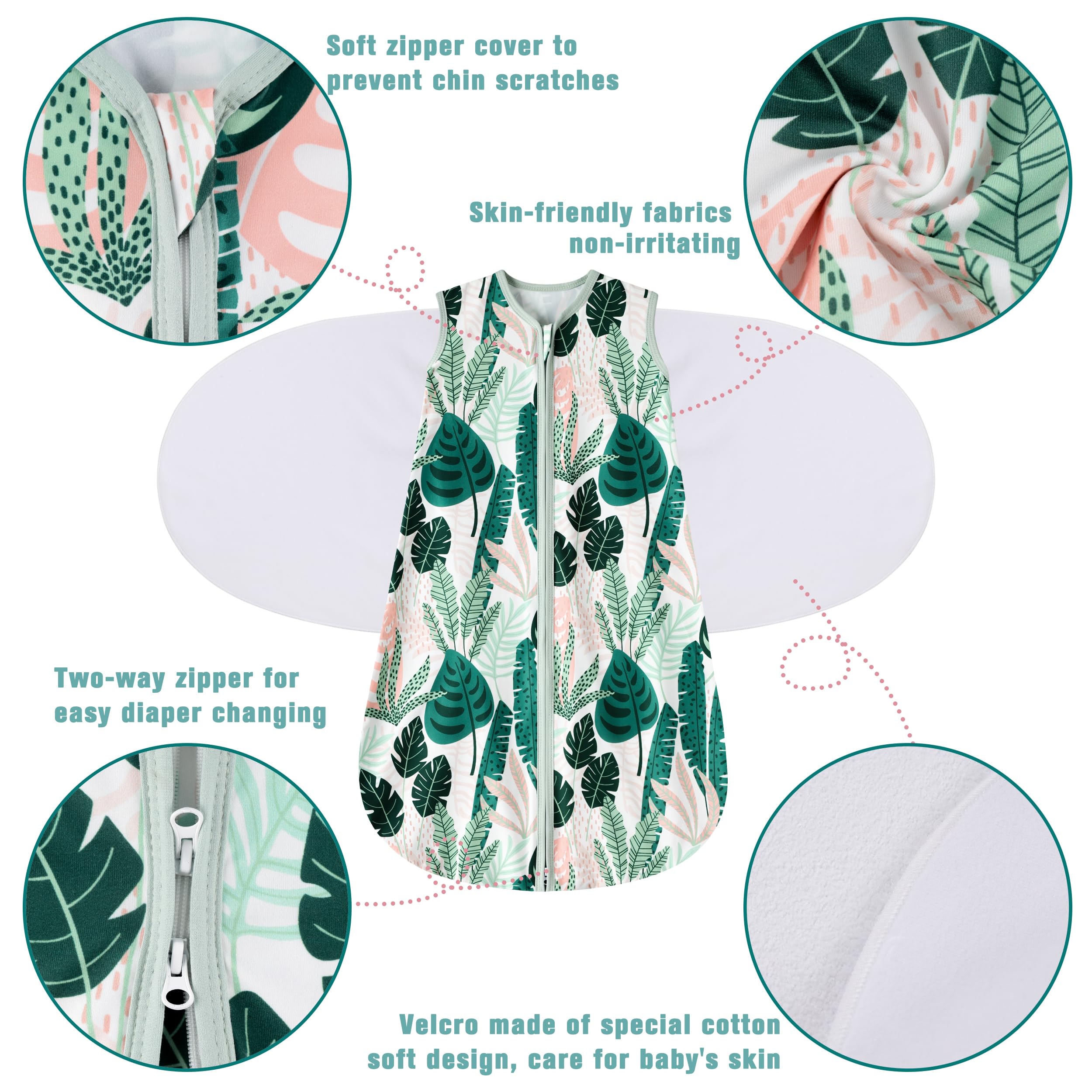 BSTOPPT Newborn Sleep Sack Baby Swaddle,6-12 Months,3-Way Adjustable Wearable Blanket,100% Rayon Cotton Swaddling Sleeping Bag，TOG 0.5（Banana&Leaf）