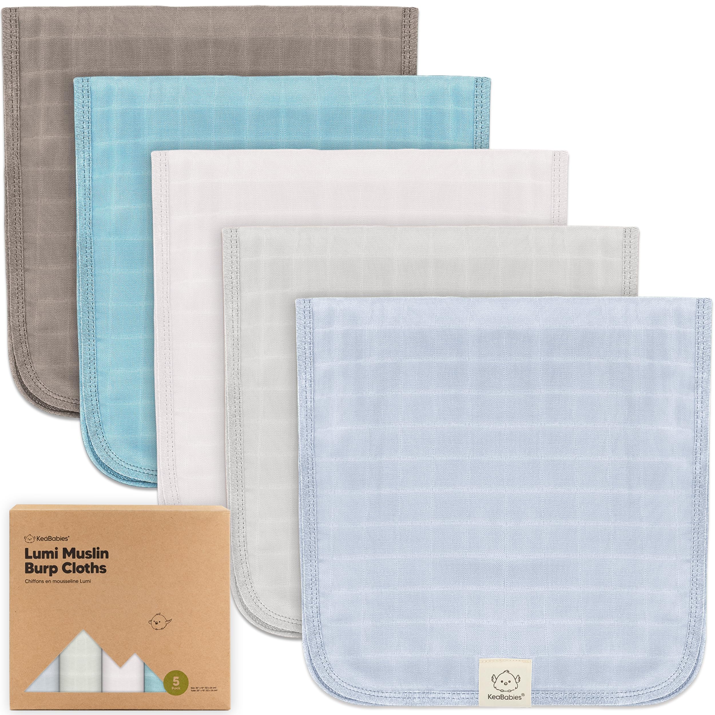 KeaBabies Cotton Muslin Burp Cloths Baby Boy, Girl, 5-Pack 20x10 (Nimbus)