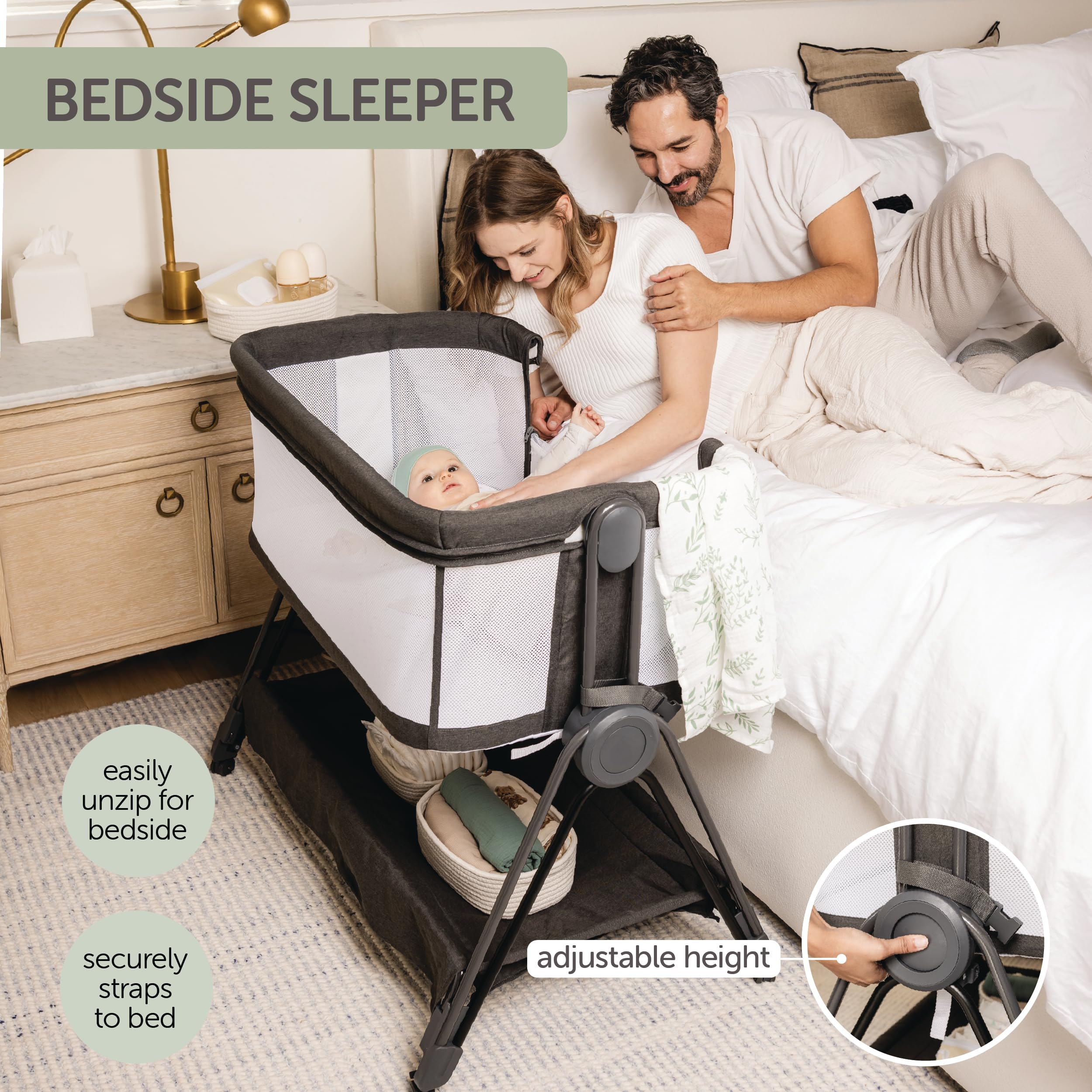 KOOLABABY Baby Bedside Sleeper - Bassinet & Bedside Crib with Height Adjustment & Wheels - Can Be Placed Next to Bed - Attaches to Parents Bed - Easy to Fold & Carry Bassinet (Grey)