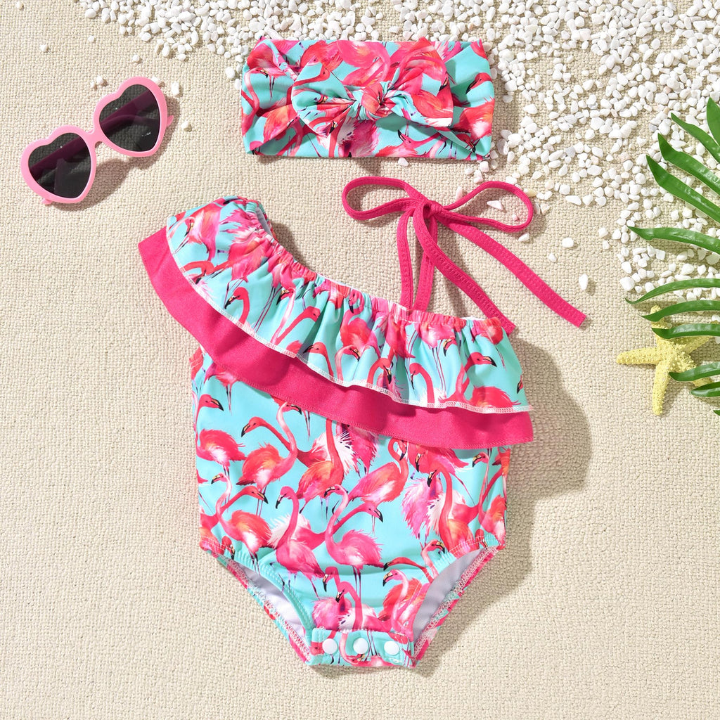 0-6 Months Baby Girls One Piece Swimsuits Infant Flamingo Bathing Suit Off Shoulder Swimwear Swimming Beach Wear with Headband