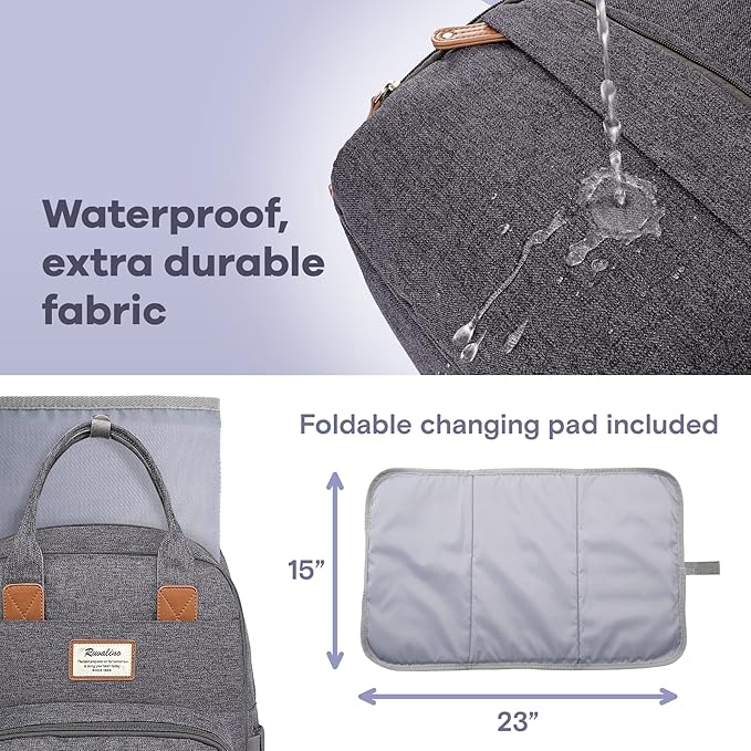 RUVALINO Diaper Bag Backpack-Expandable Baby Bag with up to 50% Capacity -Baby Essentials Bag with Changing Pad Insulated Bottle Holders & Pacifier Case, Waterproof, Dark Gray XL