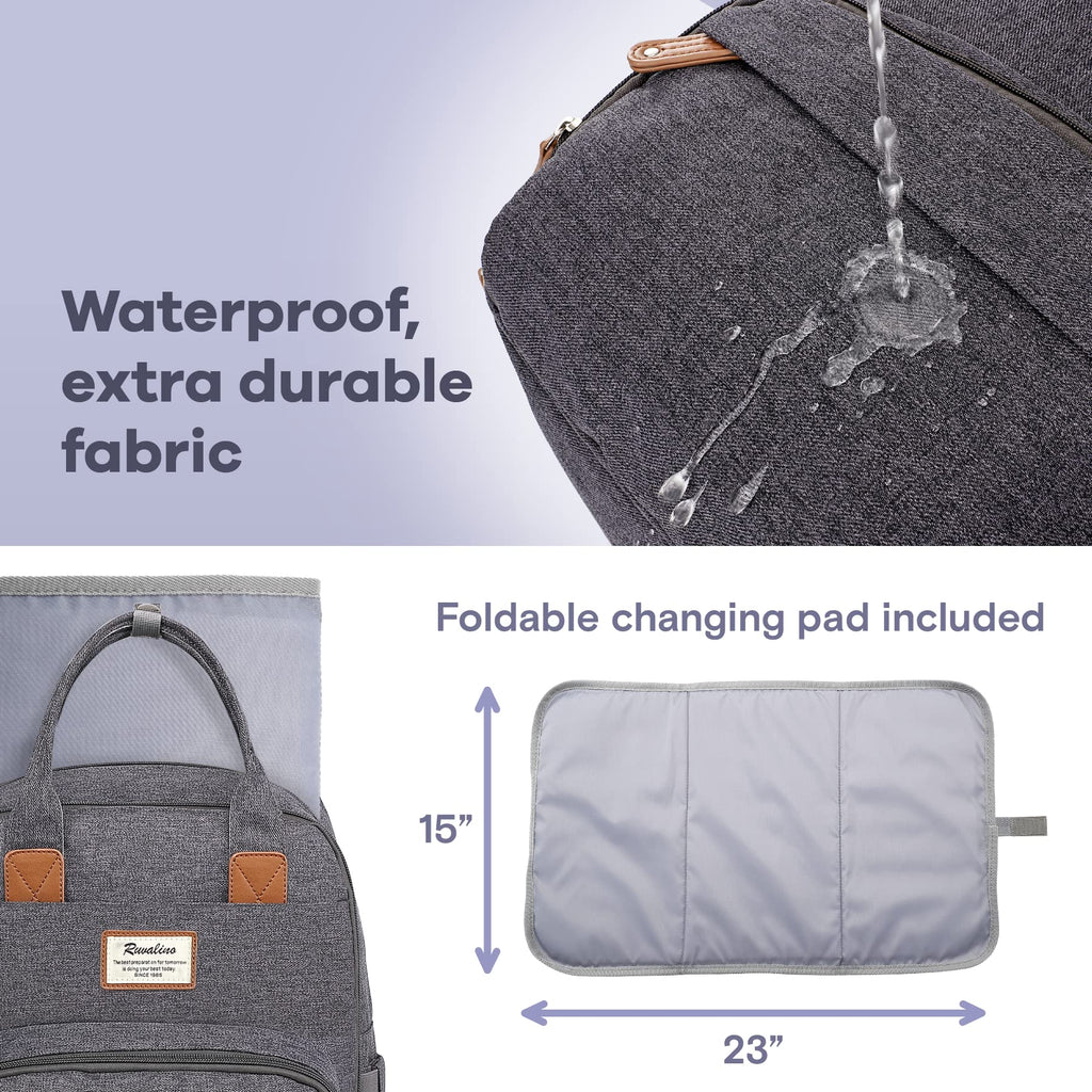 RUVALINO Diaper Bag Backpack-Expandable Baby Bag with up to 50% Capacity -Baby Essentials Bag with Changing Pad Insulated Bottle Holders & Pacifier Case, Waterproof, Dark Gray XL