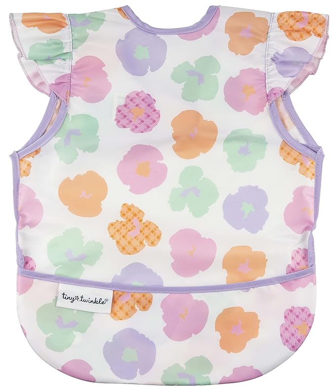 Tiny Twinkle Short Sleeve Apron Baby & Toddler Bib for Girls – Waterproof, Mess-Proof Bibs for Eating & Feeding, Machine Washable,Perfect Holiday Gift (Floral Pop, 6–24M)