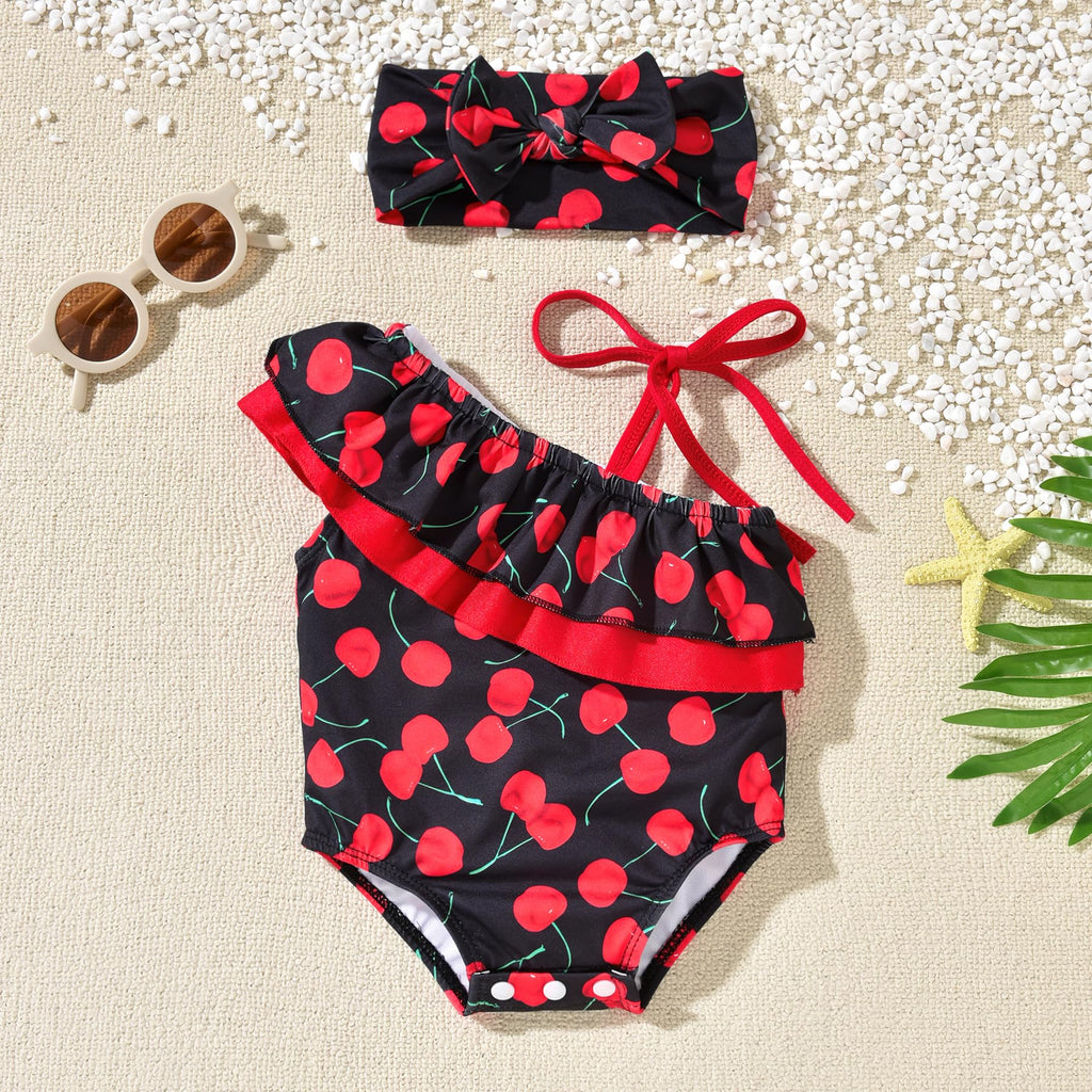 HINTINA 12 Month Baby Girls One Piece Swimsuits Infant Cherry Bathing Suit Off Shoulder Swimwear Swimming Beach Wear with Headband 12-18 Months