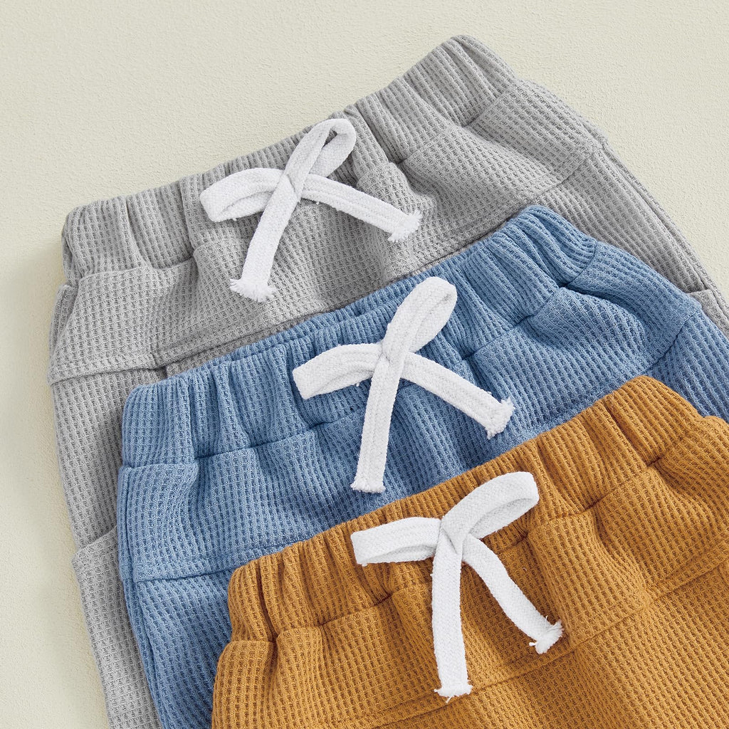 Sejardin Toddler Baby Boy Girl Pants 3 Pack Solid Color Elastic Waist Jogger Sweatpants Newborn Infant Casual Bottoms (Waffle Gray Blue Brown, 12-18 Months)