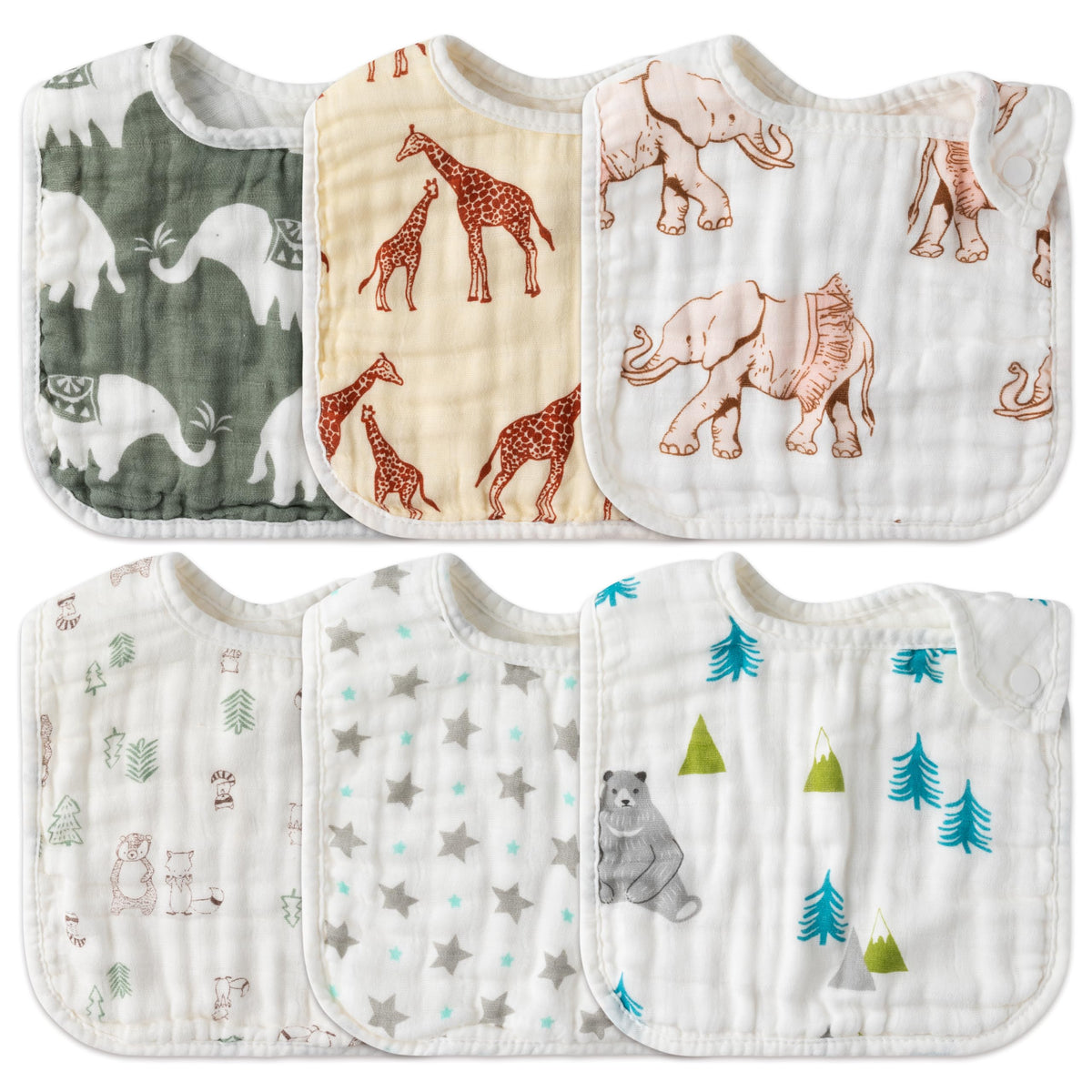 Zainpe 6Pcs Snap Muslin Cotton Bibs for Baby, Flamingo Star Flower Machine Washable Adjustable Burp Cloths with 6 Absorbent Soft Layers for Infant Newborn Toddler Drooling Feeding and Teething