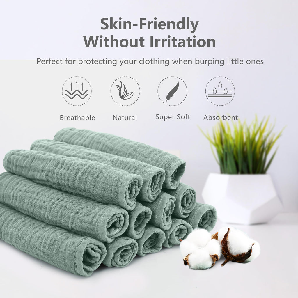 SWEET DOLPHIN 12 Pack Muslin Burp Cloths Large 100% Cotton Hand Washcloths for Baby - Baby Essentials Extra Absorbent and Soft Boys & Girls Milk Spit Up Rags - Dark Green, 20" X10"