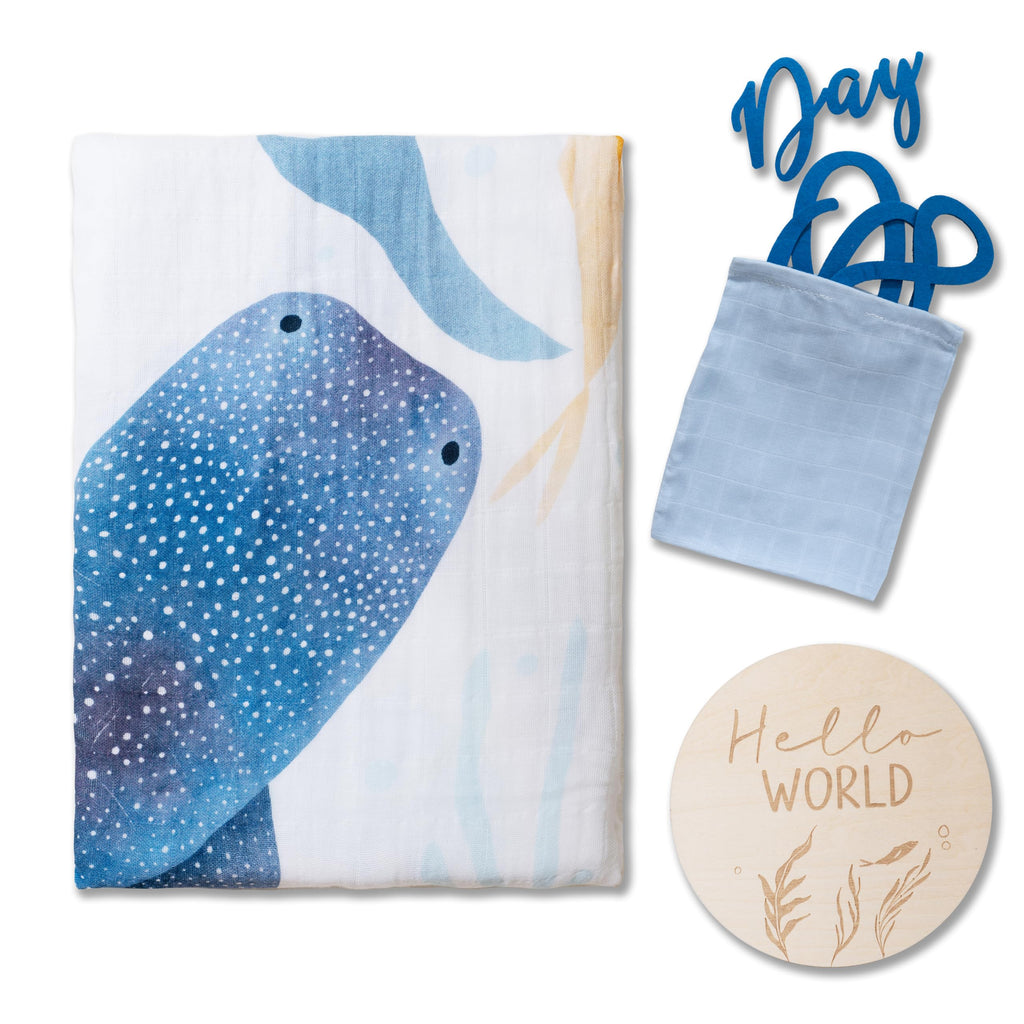 Miaoberry Ocean Baby Milestone Blanket – Monthly Baby Milestone Photo Prop for Boy, Under The Sea Growth Tracker Blanket with Hello World Sign and Registry Must-Have