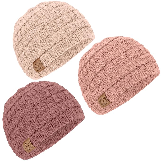3-Pack Baby Beanies for Boys, Girls - Stretchy Knit Baby Hats, Cute Newborn & Toddler Winter Hat, Soft & Warm Infant Beanie 6-36 Months (Tea Rose, M)